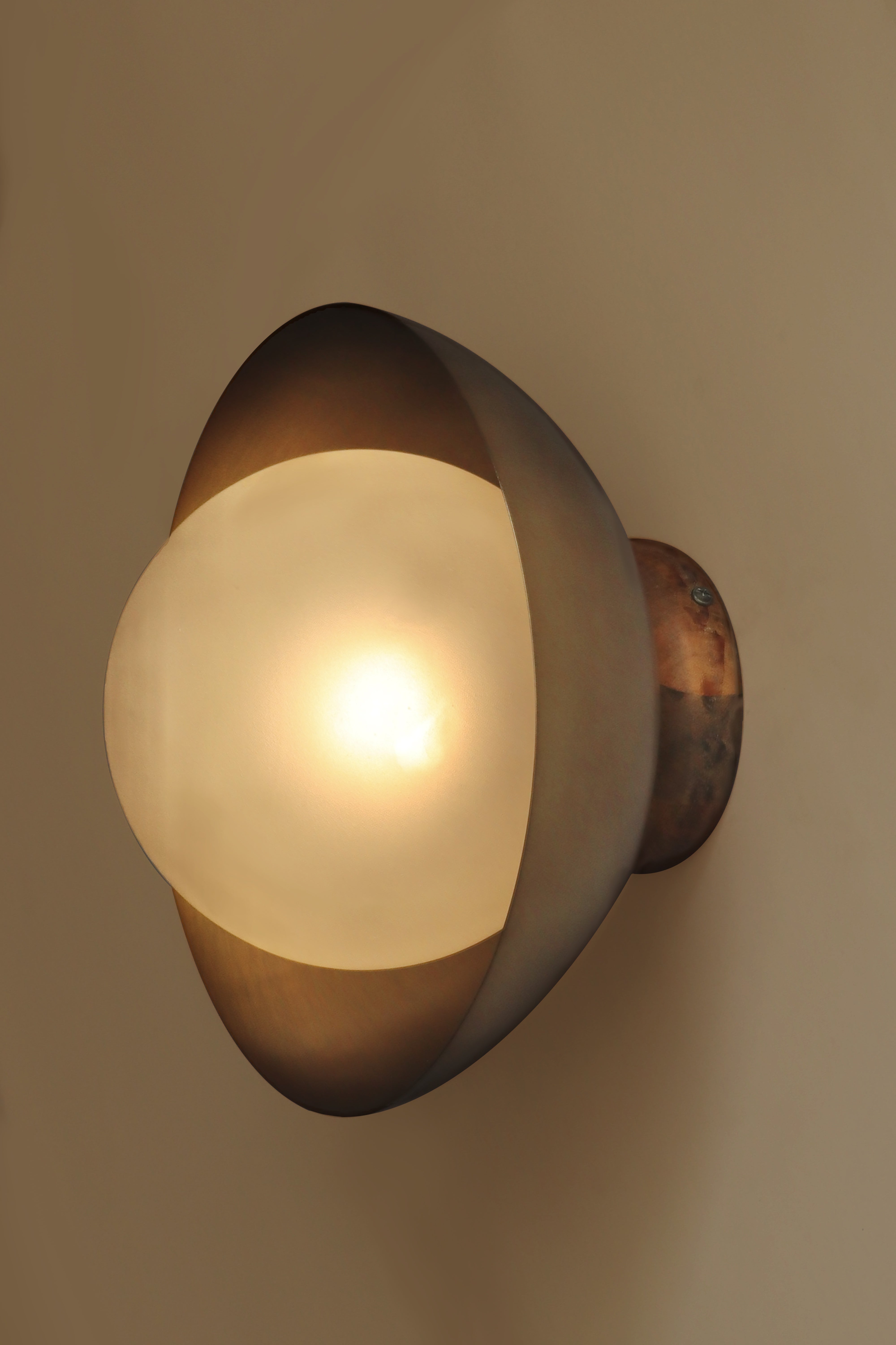 Eclipse Wall Lamp - Dia 12” x D 9” / Mild Steel, Glass Shade, Mango Wood Mount - Wall Lamp