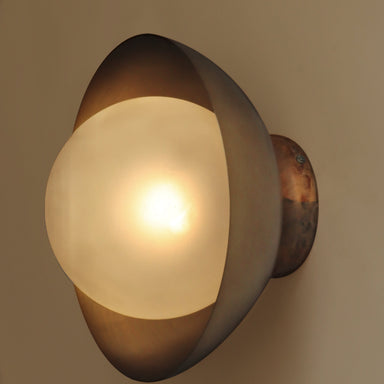 Eclipse Wall Lamp - Dia 12” x D 9” / Mild Steel, Glass Shade, Mango Wood Mount - Wall Lamp