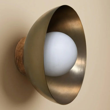 Eclipse Wall Lamp - Dia 12” x D 9” / Mild Steel, Glass Shade, Mango Wood Mount - Lighting