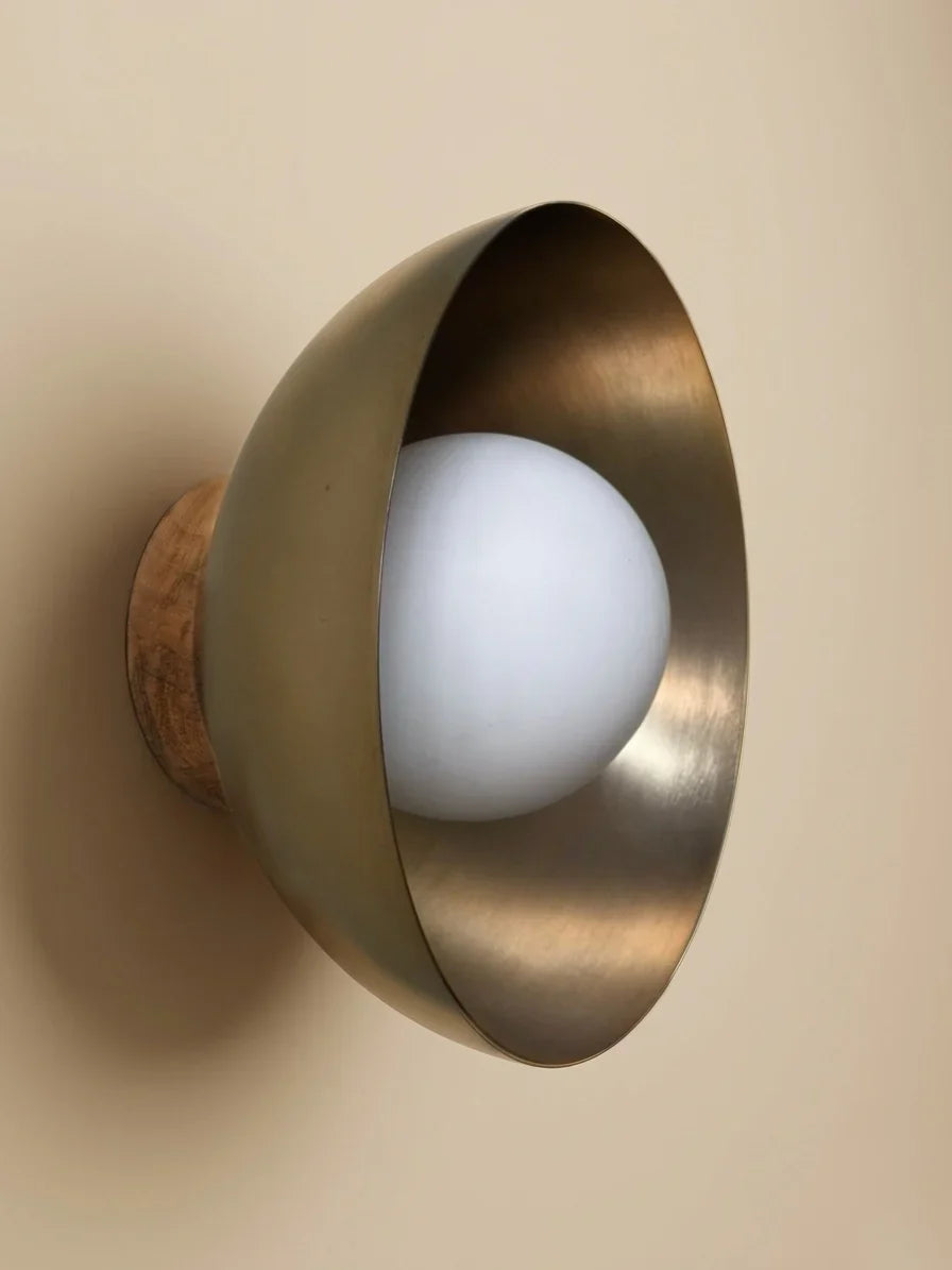 Eclipse Wall Lamp - Dia 12” x D 9” / Mild Steel, Glass Shade, Mango Wood Mount - Lighting