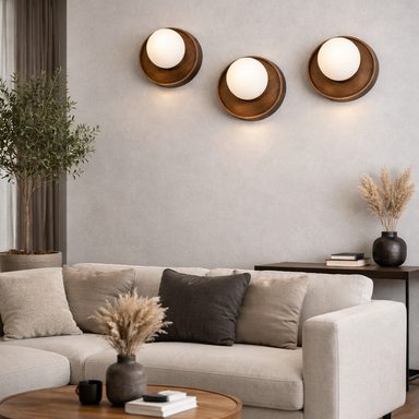 Elegant walnut wall light fixture - Natural / 9 inches, Width - 6 inches, Height: 9 inches / Wood, Glass and Mild Steel