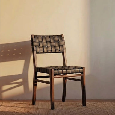 Elio Faux Leather Chair - Teak / Upholstery: Faux leather; Wood: Teak / L: 19’’ W: 20’’ H: 35’’; Seat Height: 18’’