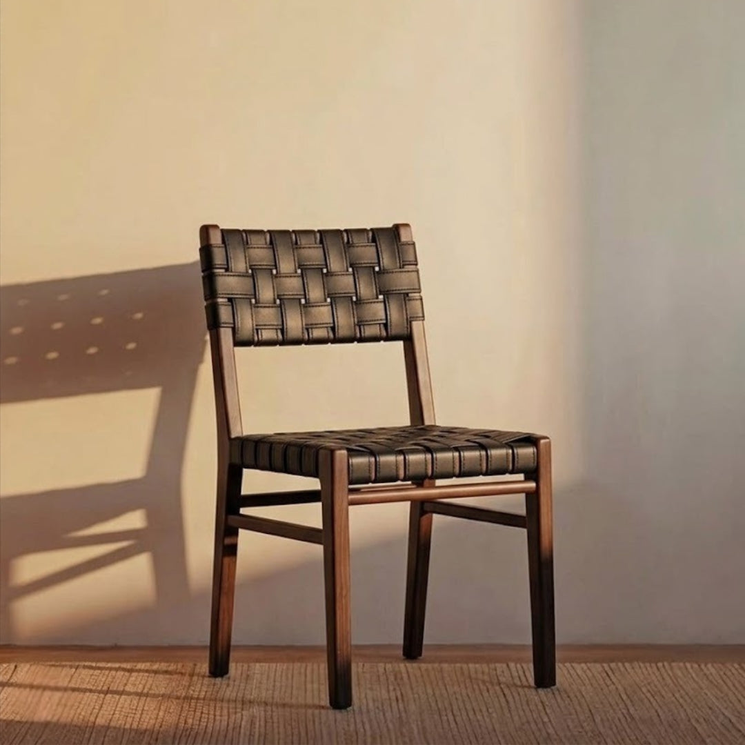 Elio Faux Leather Chair - Teak / Upholstery: Faux leather; Wood: Teak / L: 19’’ W: 20’’ H: 35’’; Seat Height: 18’’