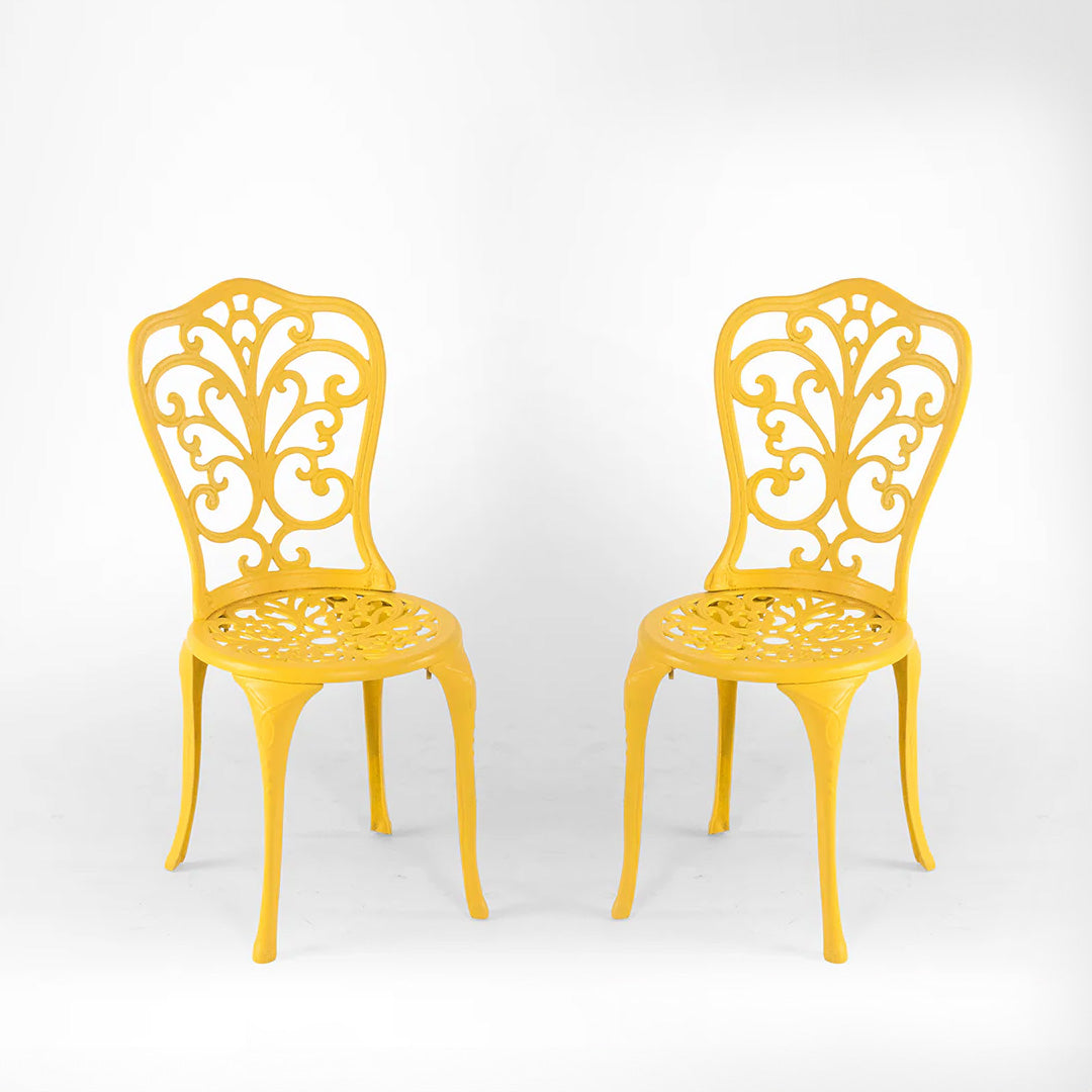 Ellis XV Cast Aluminium Chair set of 2 - L: 14’’ B: 14’’ TH: 34’’ SH: 16’’ / Matte Yellow / Cast Aluminium - Outdoor