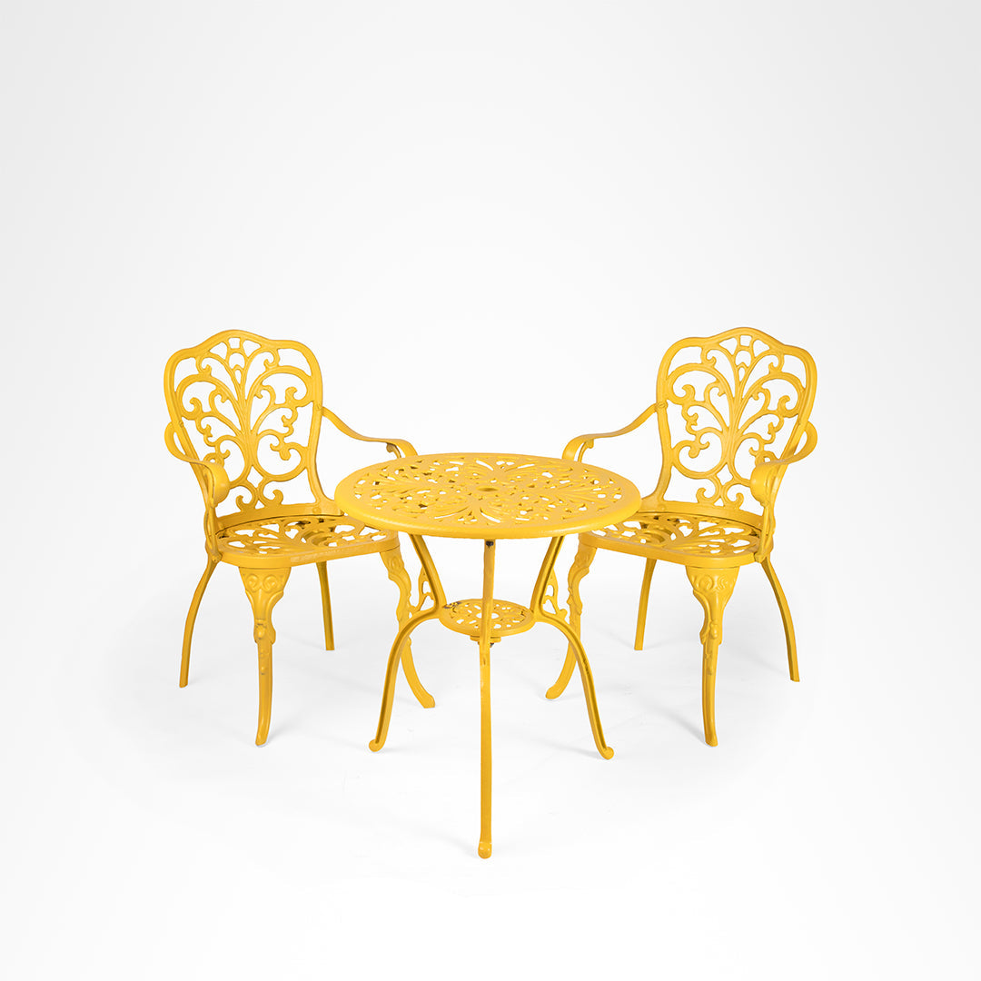 Ellis XVI Cast Aluminium Set - Chair- L: 18’’ B: 19’’ TH: 33’’ SH: 16’’ & Table- Dia: 24’’ TH: 25’’ / Matte Yellow