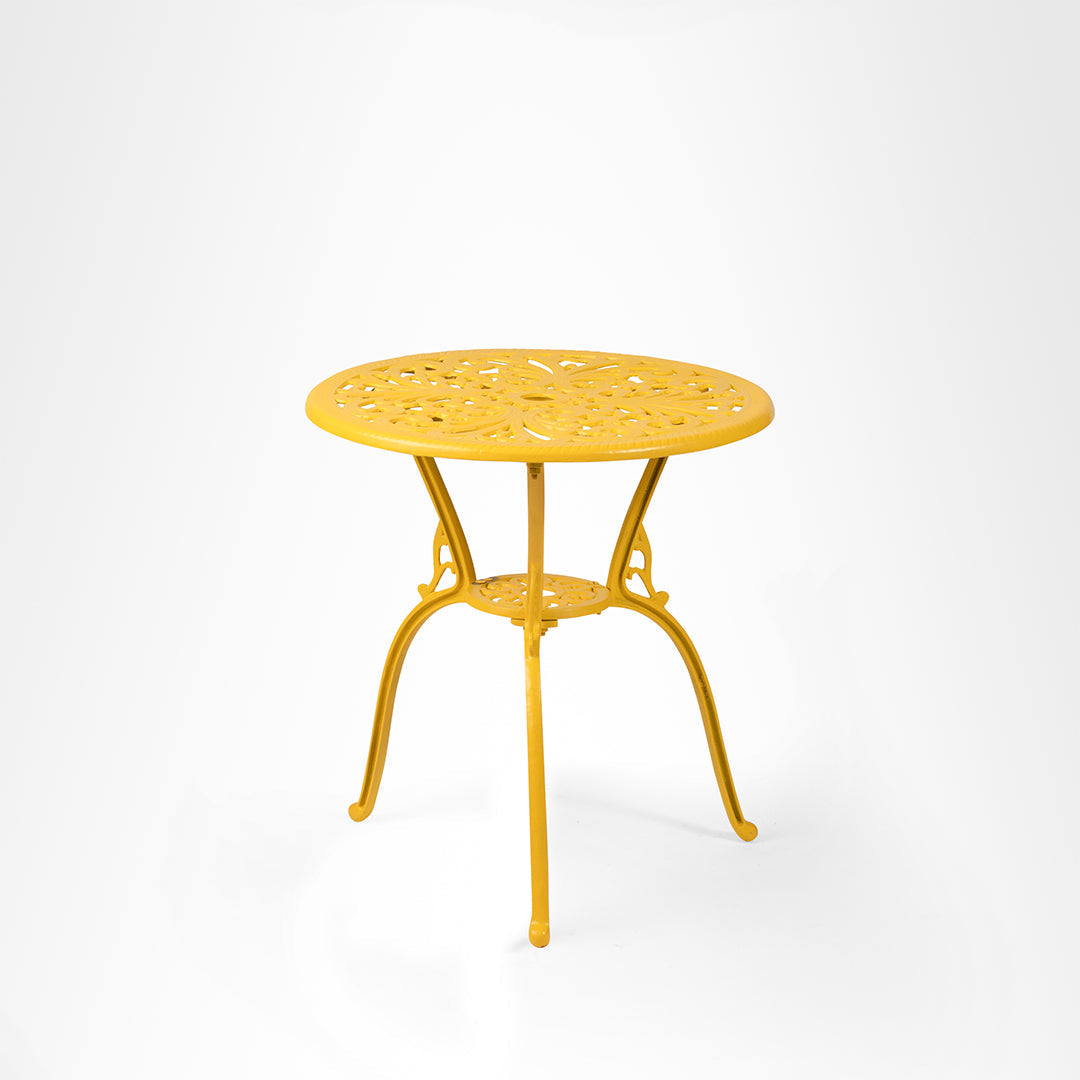 Ellis XVI Cast Aluminium Set - Chair- L: 18’’ B: 19’’ TH: 33’’ SH: 16’’ & Table- Dia: 24’’ TH: 25’’ / Matte Yellow