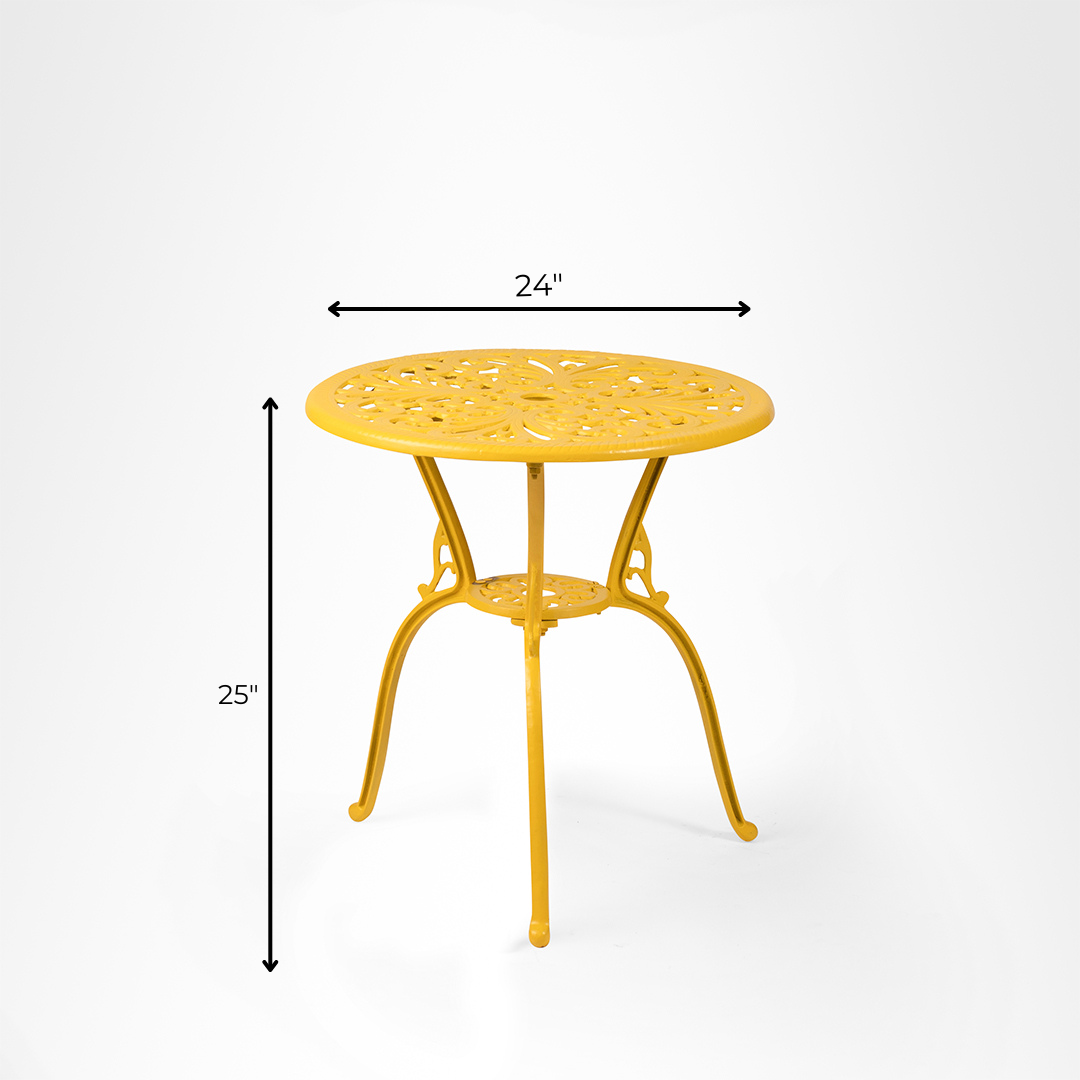 Ellis XVI Cast Aluminium Set - Chair- L: 18’’ B: 19’’ TH: 33’’ SH: 16’’ & Table- Dia: 24’’ TH: 25’’ / Matte Yellow