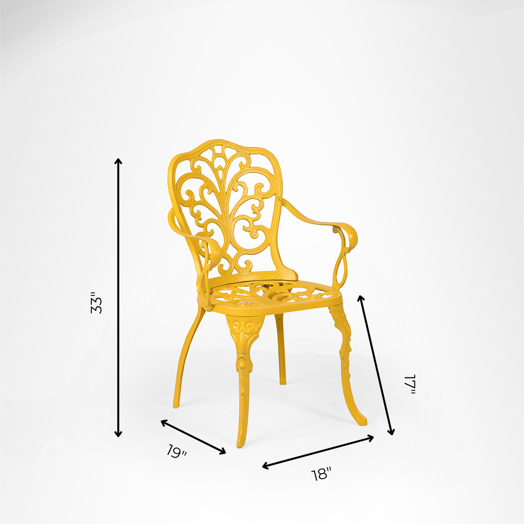 Ellis XVI Cast Aluminium Set - Chair- L: 18’’ B: 19’’ TH: 33’’ SH: 16’’ & Table- Dia: 24’’ TH: 25’’ / Matte Yellow