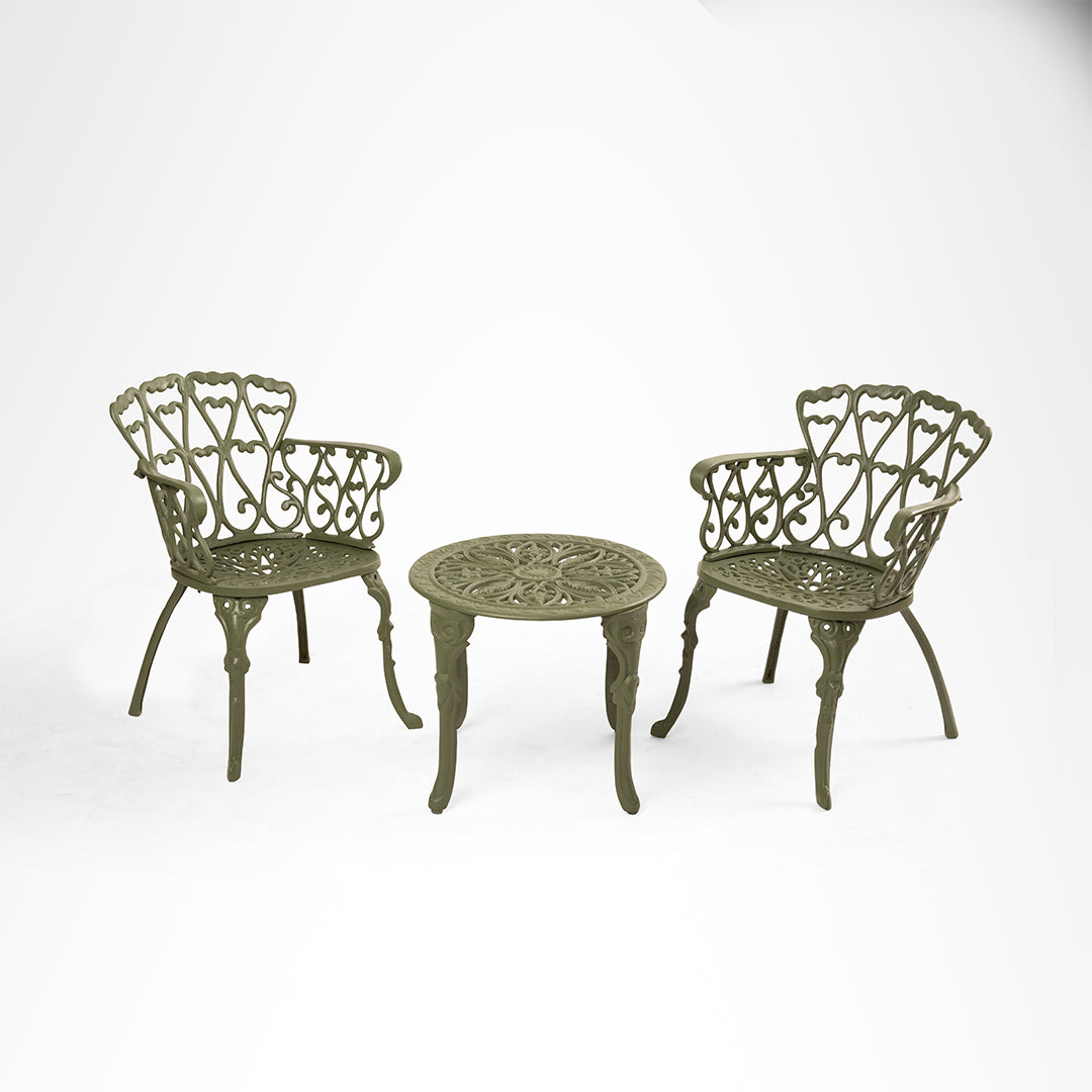 Ellis XXIII Cast Iron Table And Chair Set - Chair- W: 16’’ D: 16’’ H: 29’’ SH: 15’’ Table- Dia 20’’ H: 17’’ / Matte