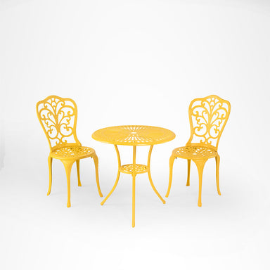 Ellis XXXII Cast Aluminium Table And Chair Set - Chair- L: 14’’ B: 14’’ TH: 34’’ SH: 16’’ & Table- Dia: 25’’ B: 20’’