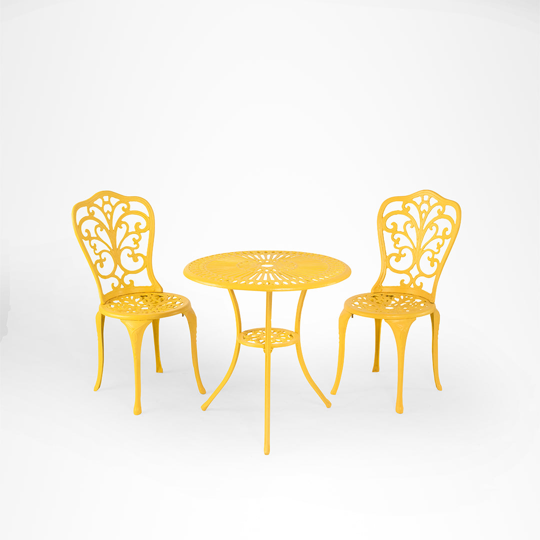 Ellis XXXII Cast Aluminium Table And Chair Set - Chair- L: 14’’ B: 14’’ TH: 34’’ SH: 16’’ & Table- Dia: 25’’ B: 20’’