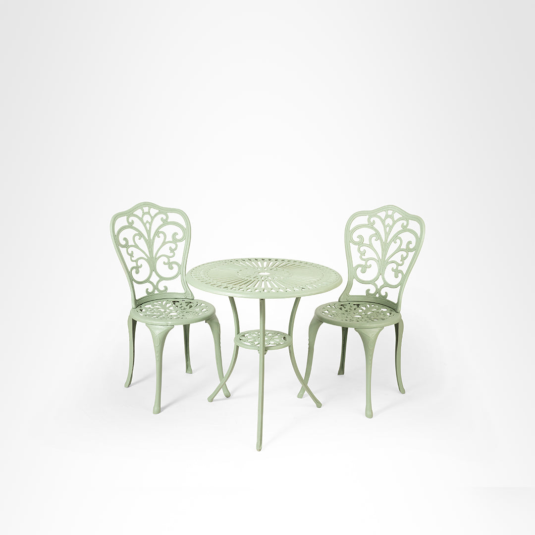 Ellis XXXII Cast Aluminium Table And Chair Set - Chair- L: 14’’ B: 14’’ TH: 34’’ SH: 16’’ & Table- Dia: 25’’ B: 20’’
