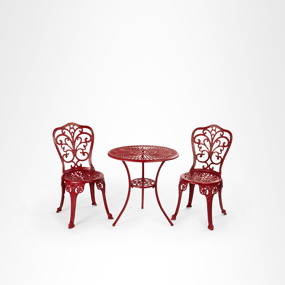 Ellis XXXII Cast Aluminium Table And Chair Set - Chair- L: 14’’ B: 14’’ TH: 34’’ SH: 16’’ & Table- Dia: 25’’ B: 20’’