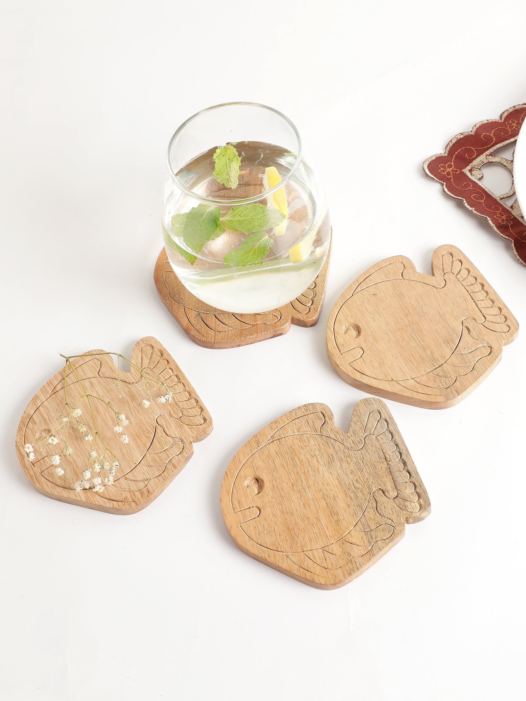 Fish Engraved Wooden Coasters Set of 4