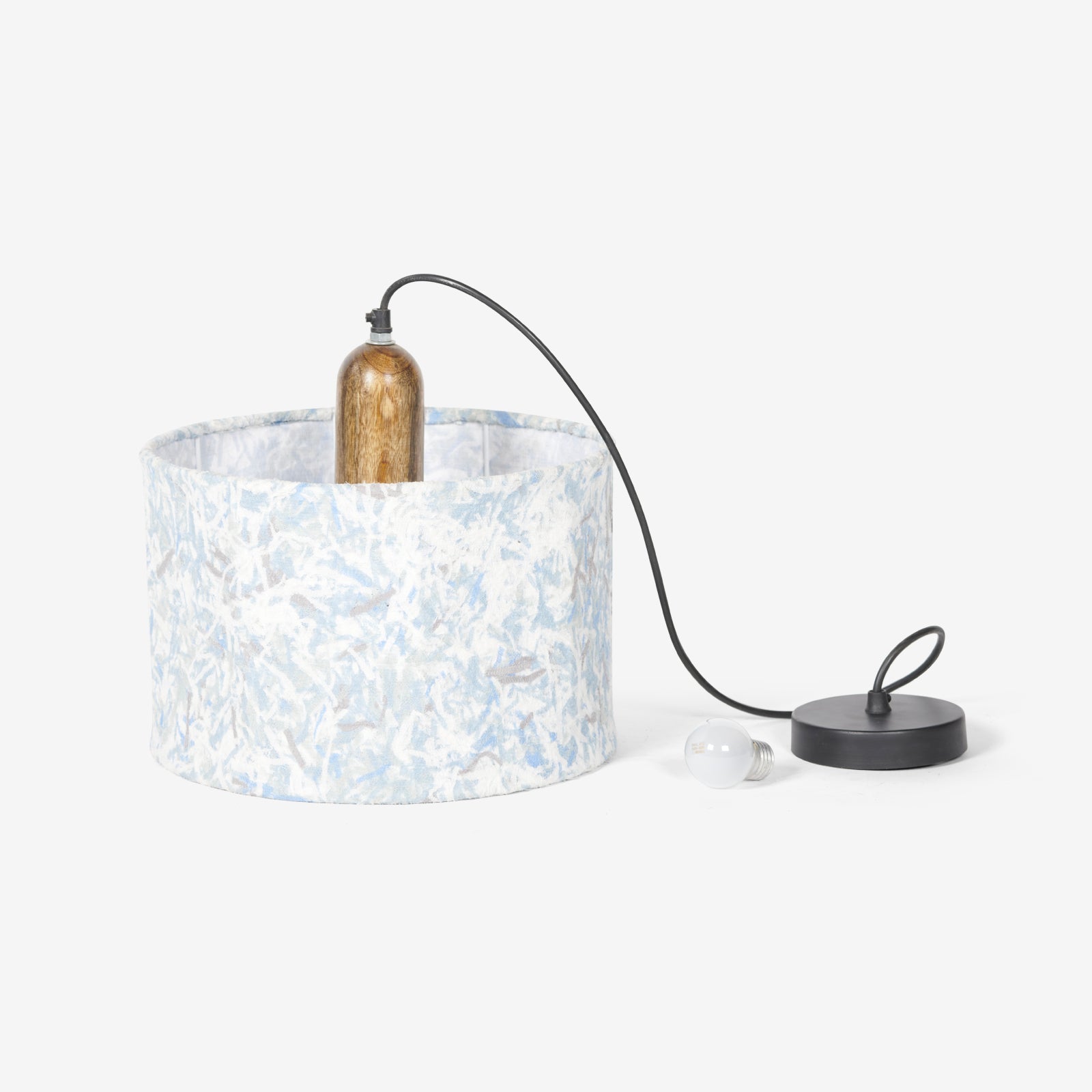 Flake Hanging Lamp Blue - Natural Wood and Blue Waste Fabrics Shred / 31x31x27 cm / Blue fabric waste upcycled