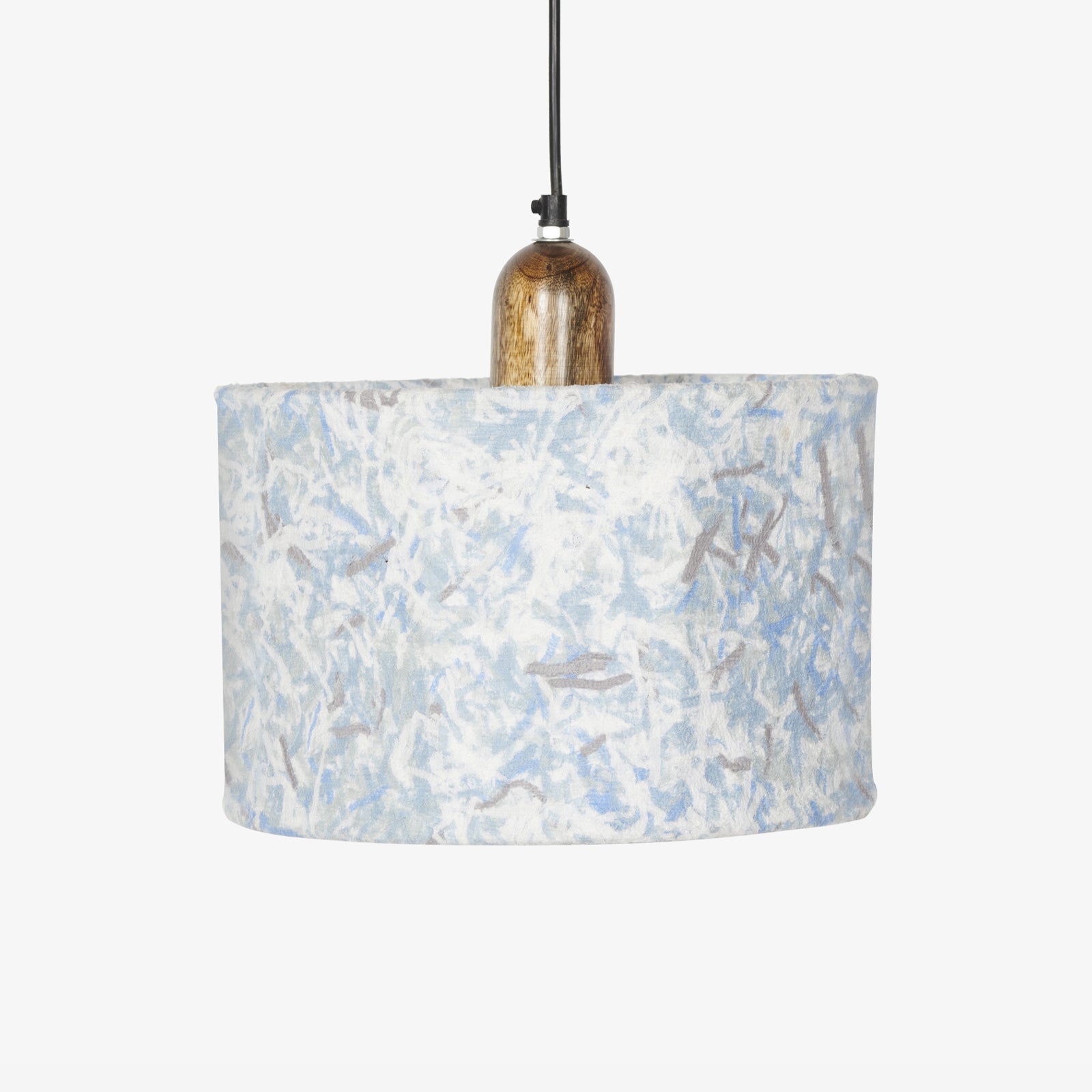 Flake Hanging Lamp Blue - Natural Wood and Blue Waste Fabrics Shred / 31x31x27 cm / Blue fabric waste upcycled