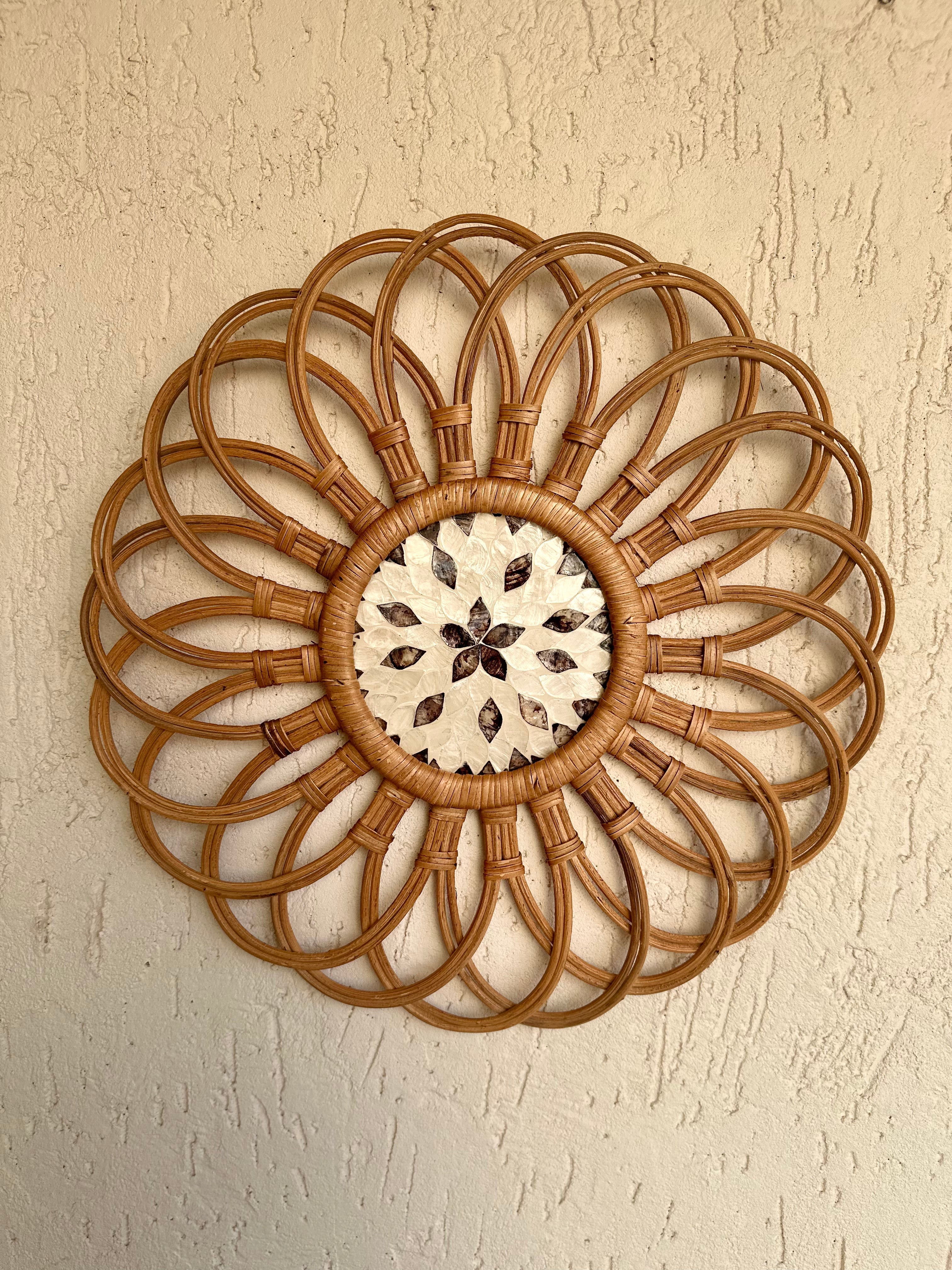 Floral Designer Rattan Wall Decor With Mothet of Pearls - Natural / Rattan and Mother of Pearls - Decor