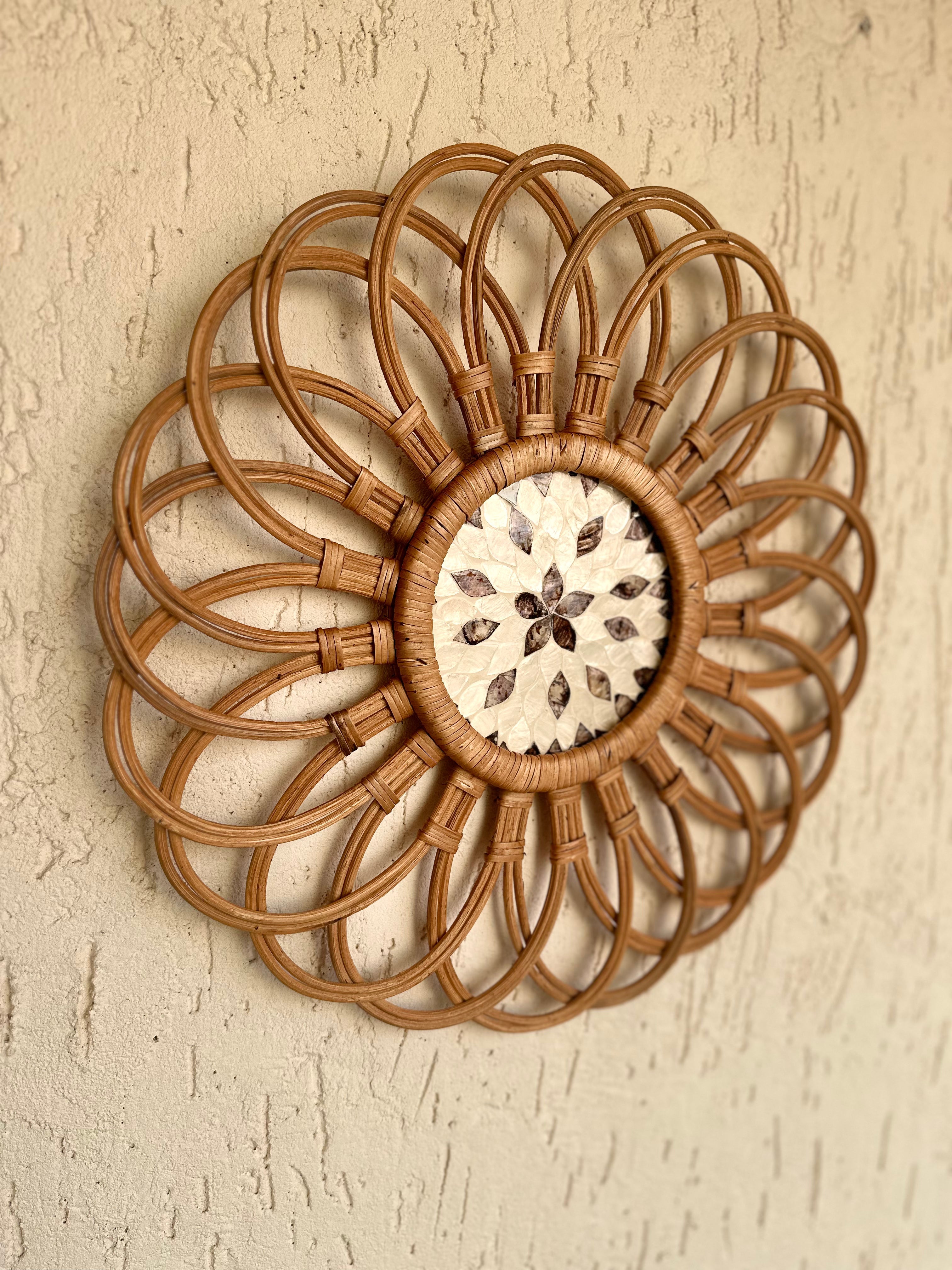 Floral Designer Rattan Wall Decor With Mothet of Pearls - Natural / Rattan and Mother of Pearls - Decor