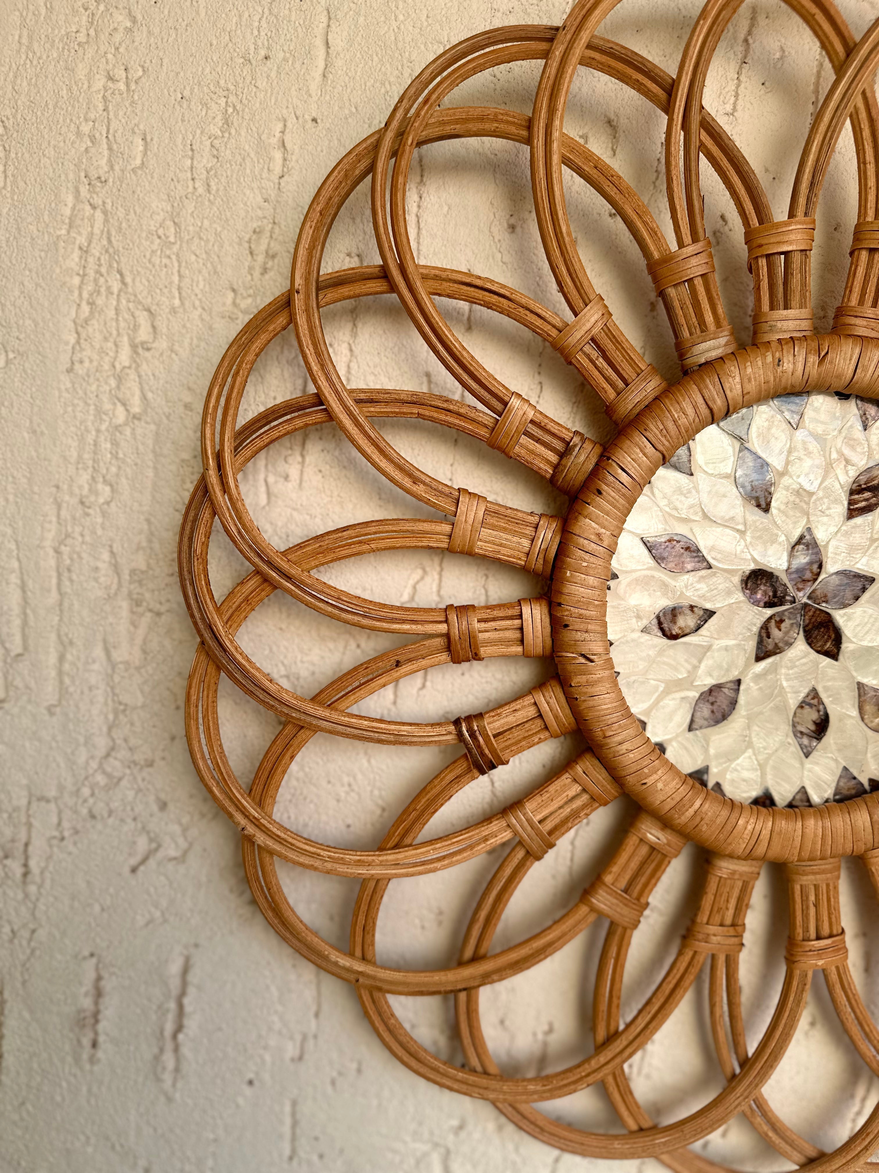 Floral Designer Rattan Wall Decor With Mothet of Pearls - Natural / Rattan and Mother of Pearls - Decor