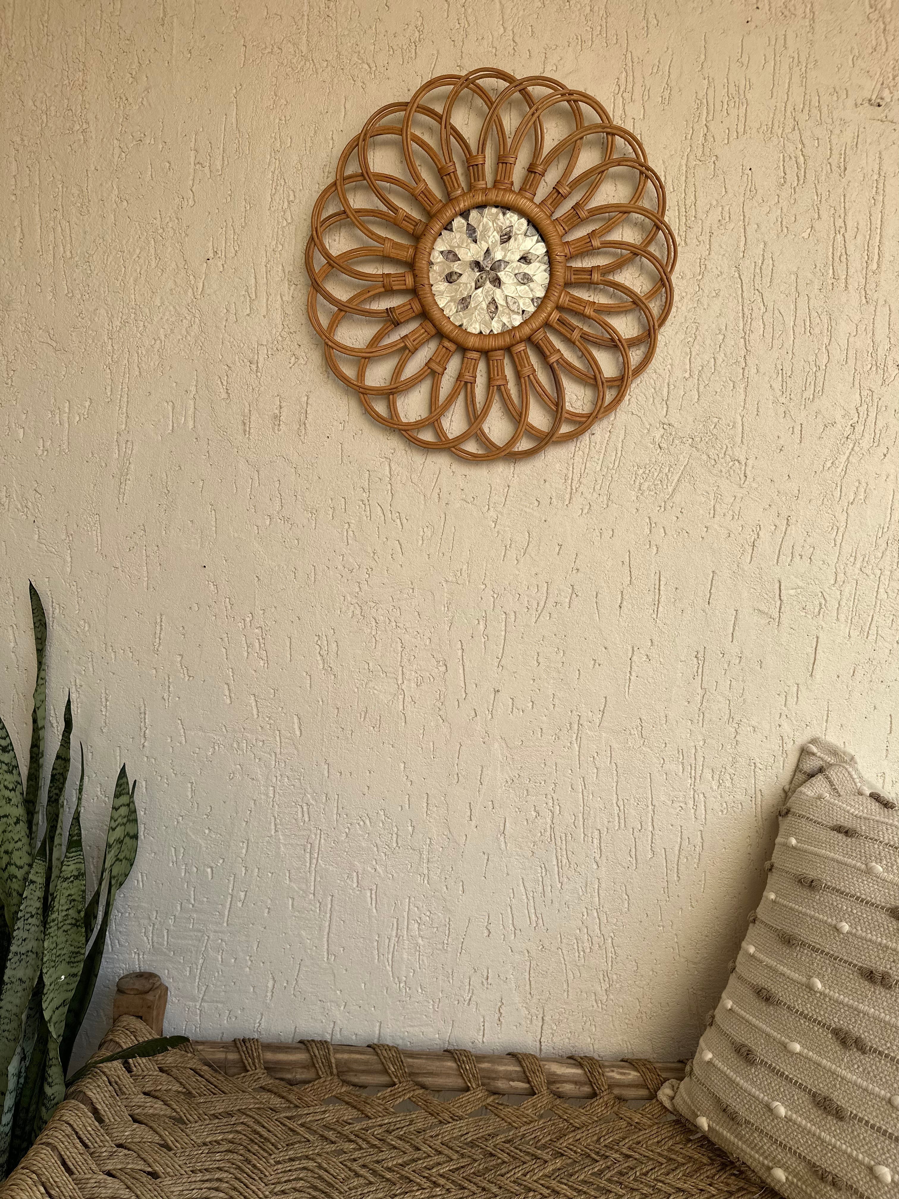 Floral Designer Rattan Wall Decor With Mothet of Pearls - Natural / Rattan and Mother of Pearls - Decor