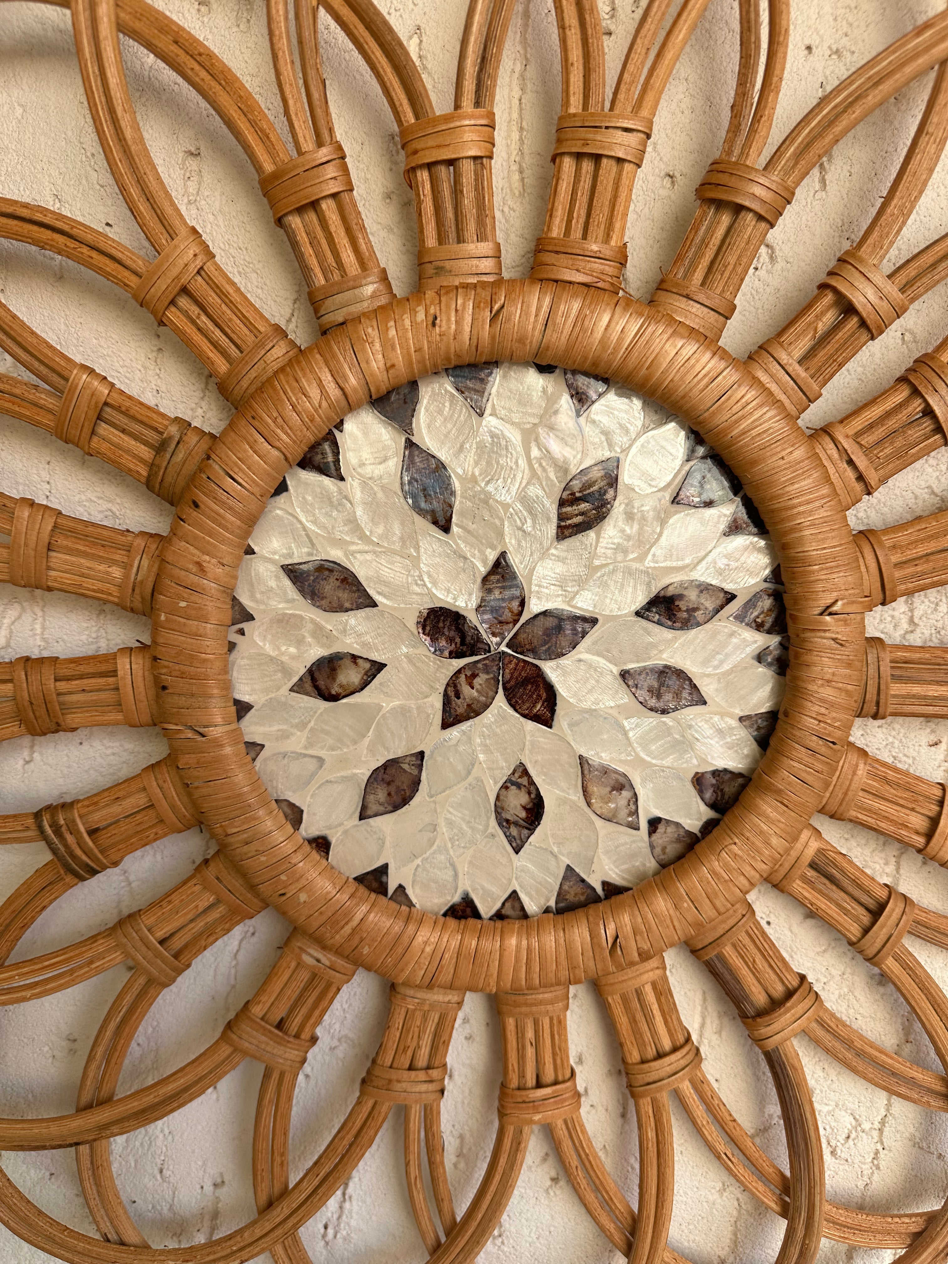Floral Designer Rattan Wall Decor With Mothet of Pearls - Natural / Rattan and Mother of Pearls - Decor