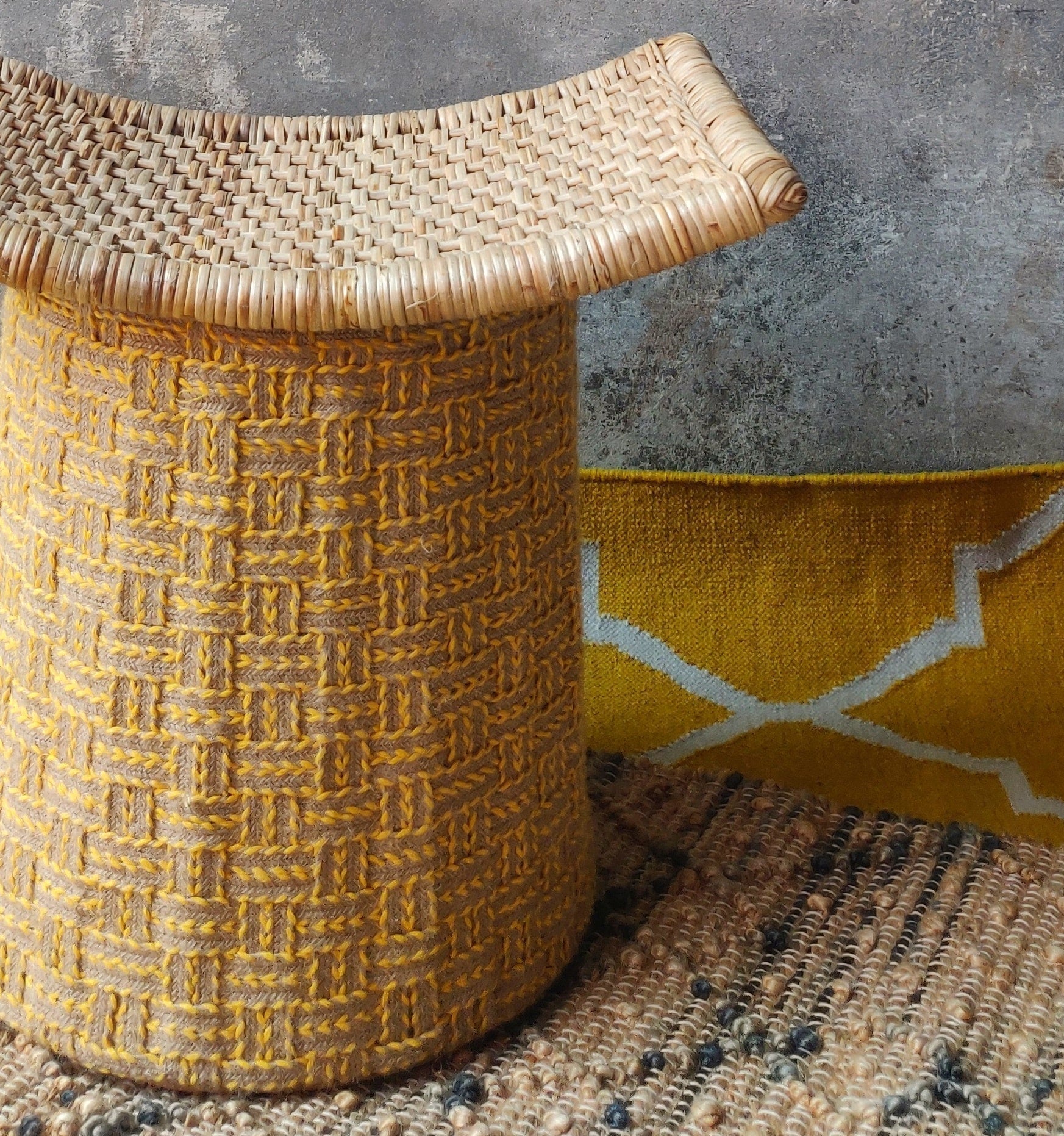 Freesia Cane Ottoman - Yellow / Bamboo, jute rope and rattan / L: 21’’ W: 25’’ H: 18’’ - Furniture