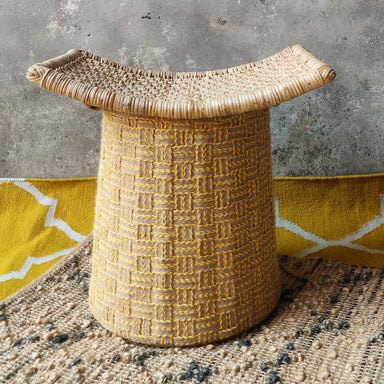 Freesia Cane Ottoman - Yellow / Bamboo, jute rope and rattan / L: 21’’ W: 25’’ H: 18’’ - Furniture
