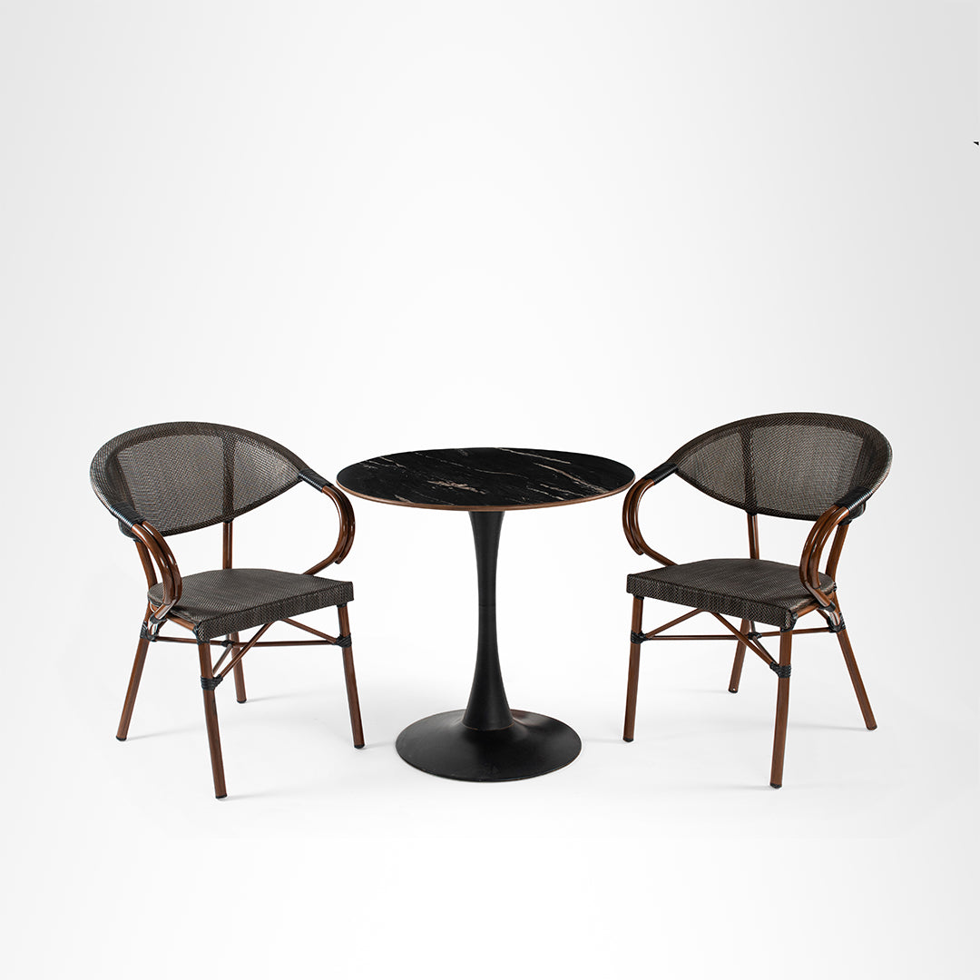 Fresco Dining Set - Table:Dia: 30’’ H: 29’’ Chair Chair L:23.5 W: 20 H 32.5 SH 17 / Black / Mild Steel and Composite