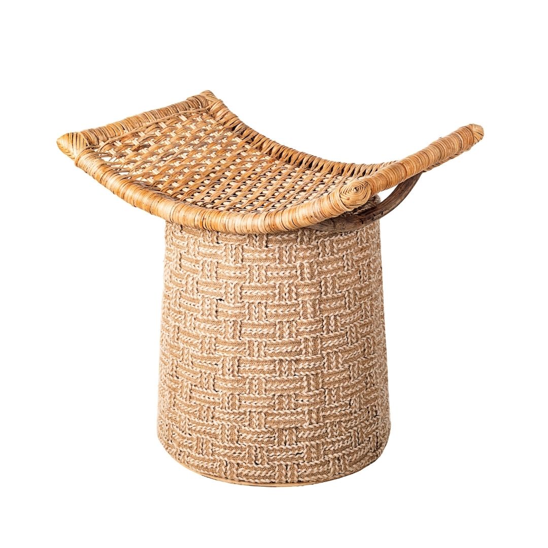 Garden Rose Cane Ottoman - Off-White / Bamboo, jute rope and rattan / L: 21’’ W: 25’’; Height: 18’’ - Furniture