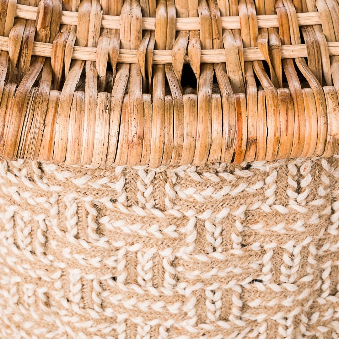 Garden Rose Cane Ottoman - Off-White / Bamboo, jute rope and rattan / L: 21’’ W: 25’’; Height: 18’’ - Furniture