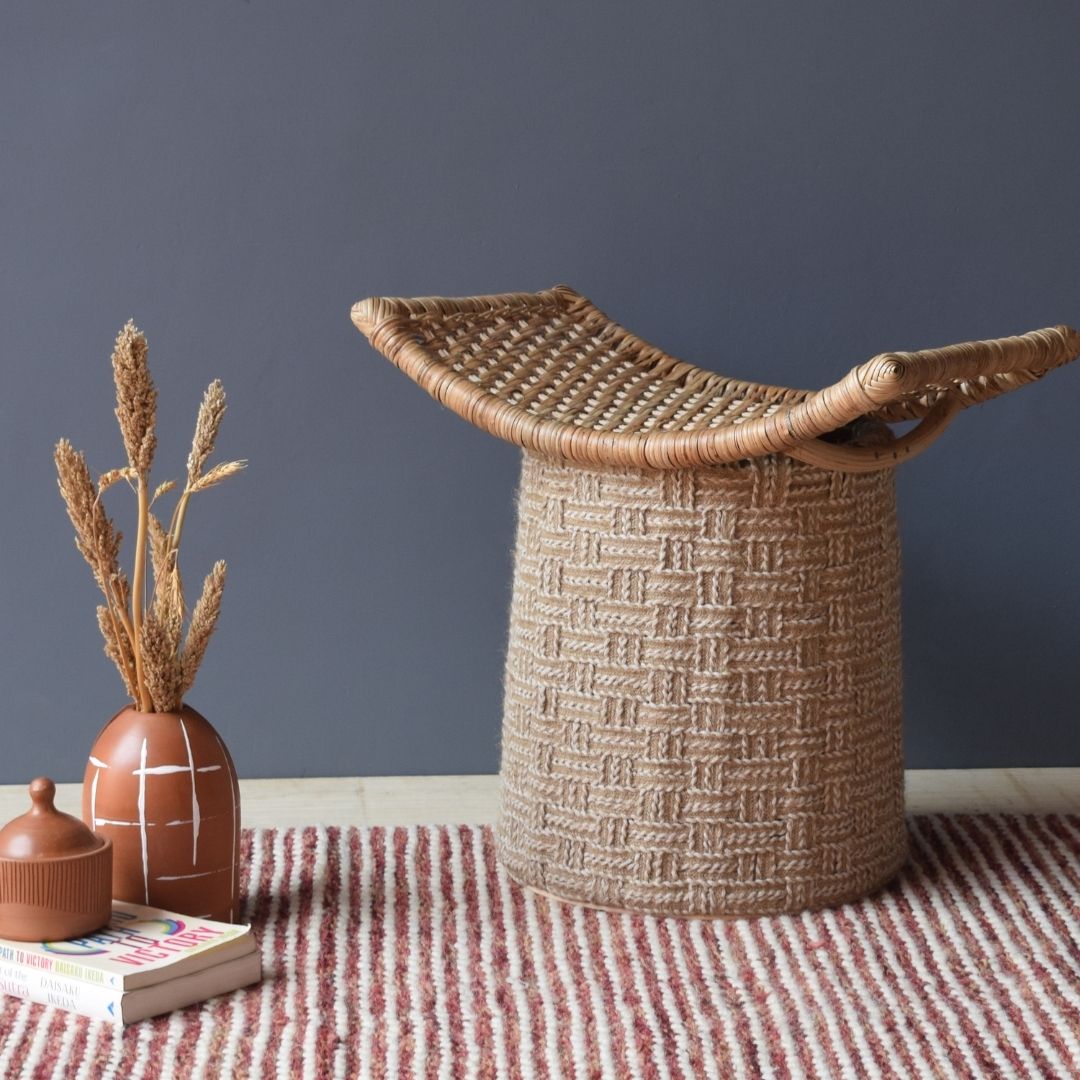 Garden Rose Cane Ottoman - Off-White / Bamboo, jute rope and rattan / L: 21’’ W: 25’’; Height: 18’’ - Furniture