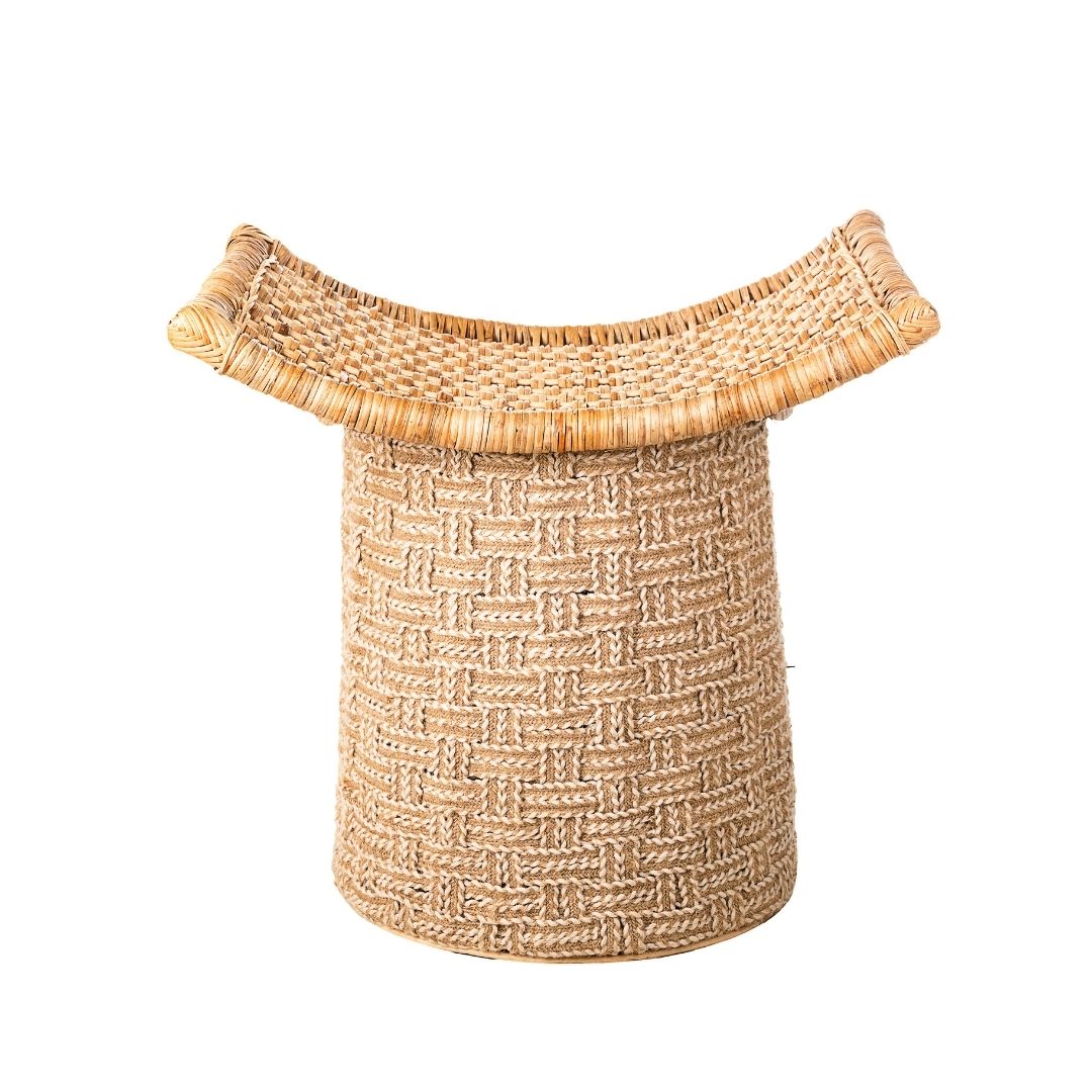 Garden Rose Cane Ottoman - Off-White / Bamboo, jute rope and rattan / L: 21’’ W: 25’’; Height: 18’’ - Furniture