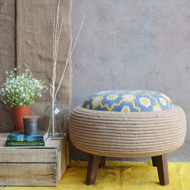 Gardenia Ottoman - Grey / Old tyre, teak wood, rope, and fabric / Dia: 23’’ H: 17.5’’ - Furniture