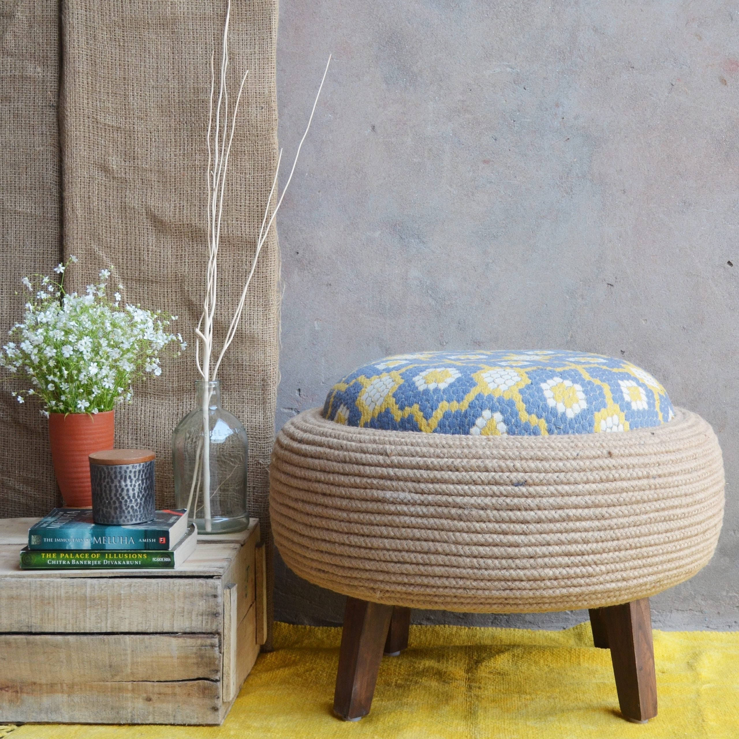 Gardenia Ottoman - Grey / Old tyre, teak wood, rope, and fabric / Dia: 23’’ H: 17.5’’ - Furniture