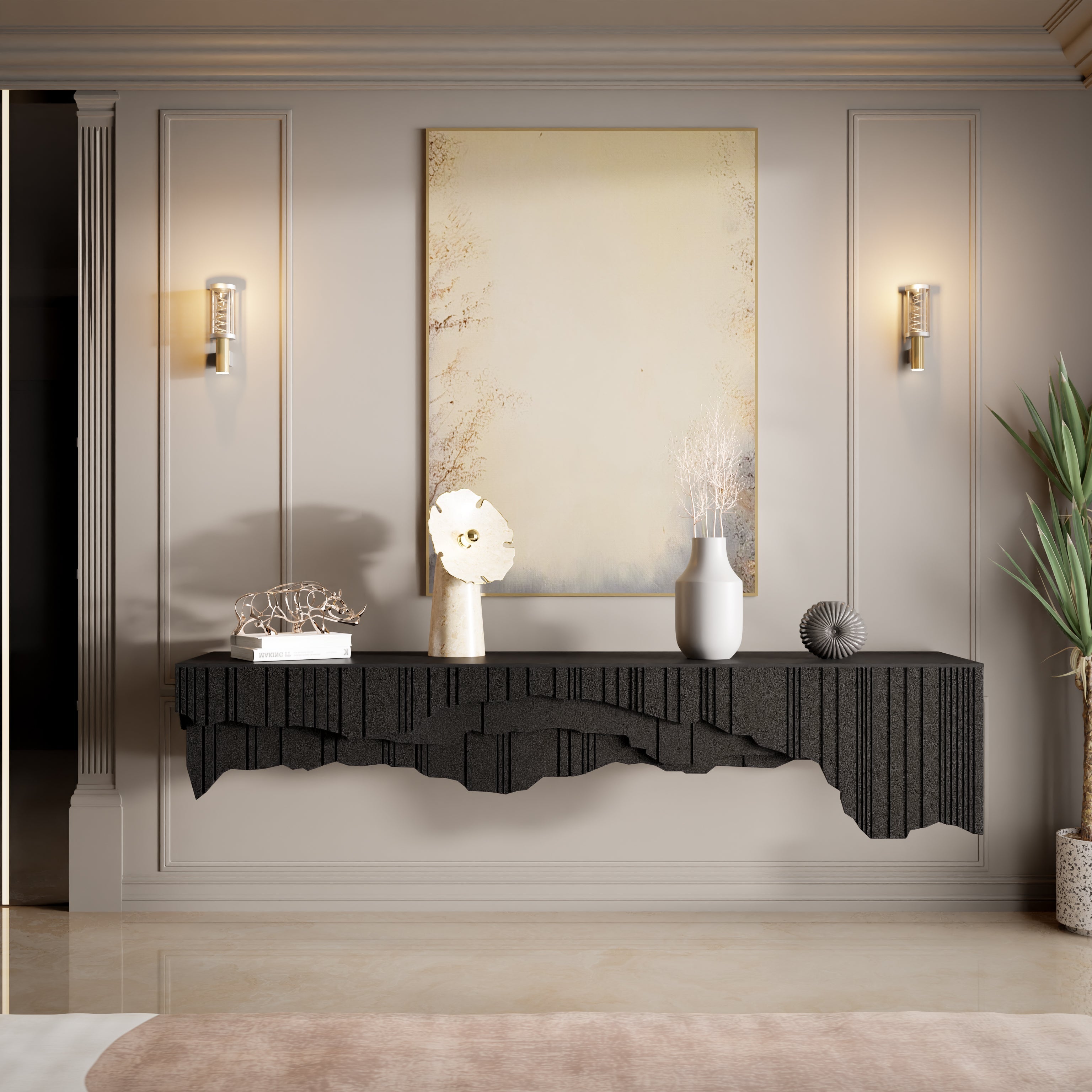 Gideon Console - L:48’’ x B:14.5’’ x H:26’’ In Inches / Krayon A-104 Dark Grey Acrylic Solid Surface Mounting;