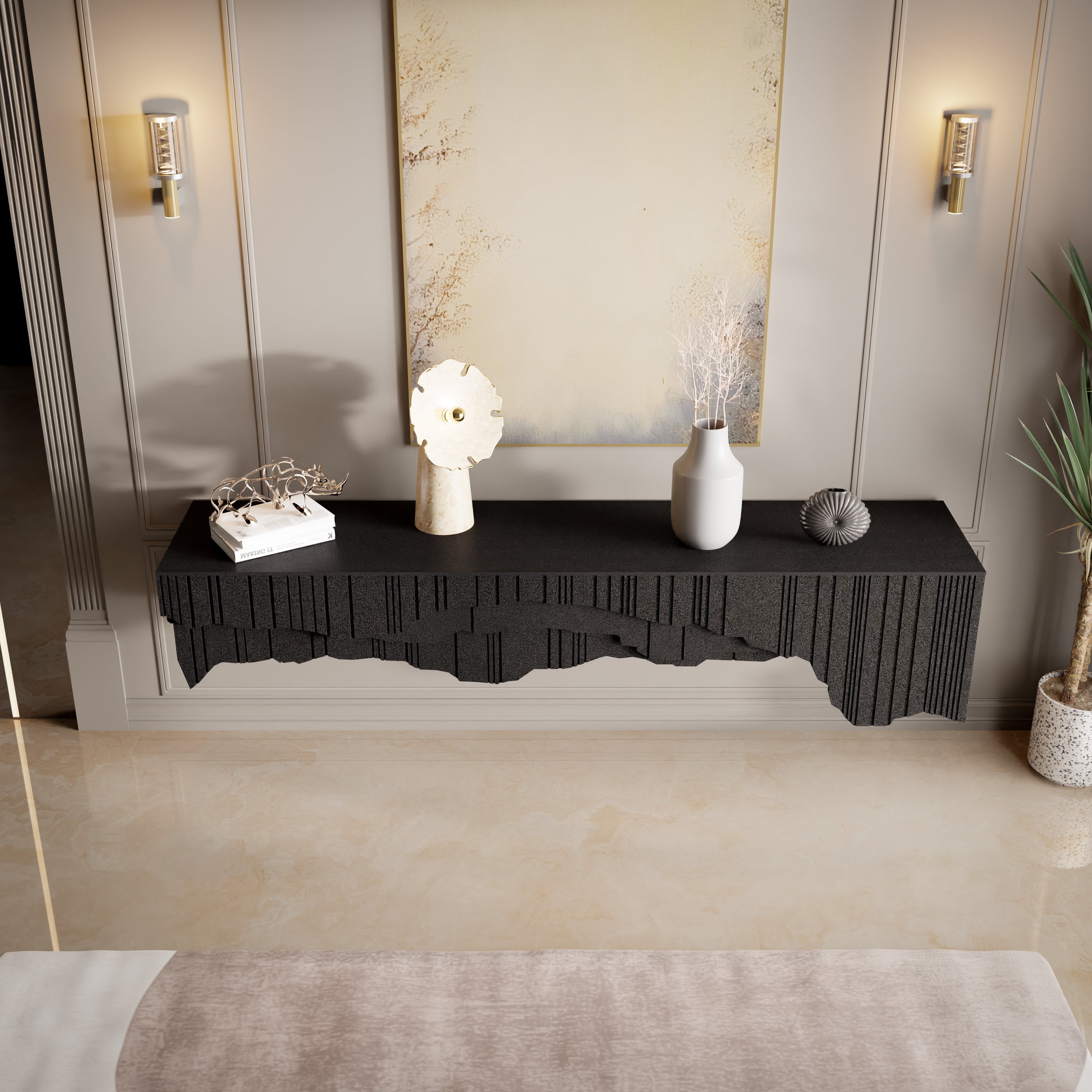 Gideon Console - L:48’’ x B:14.5’’ x H:26’’ In Inches / Krayon A-104 Dark Grey Acrylic Solid Surface Mounting;