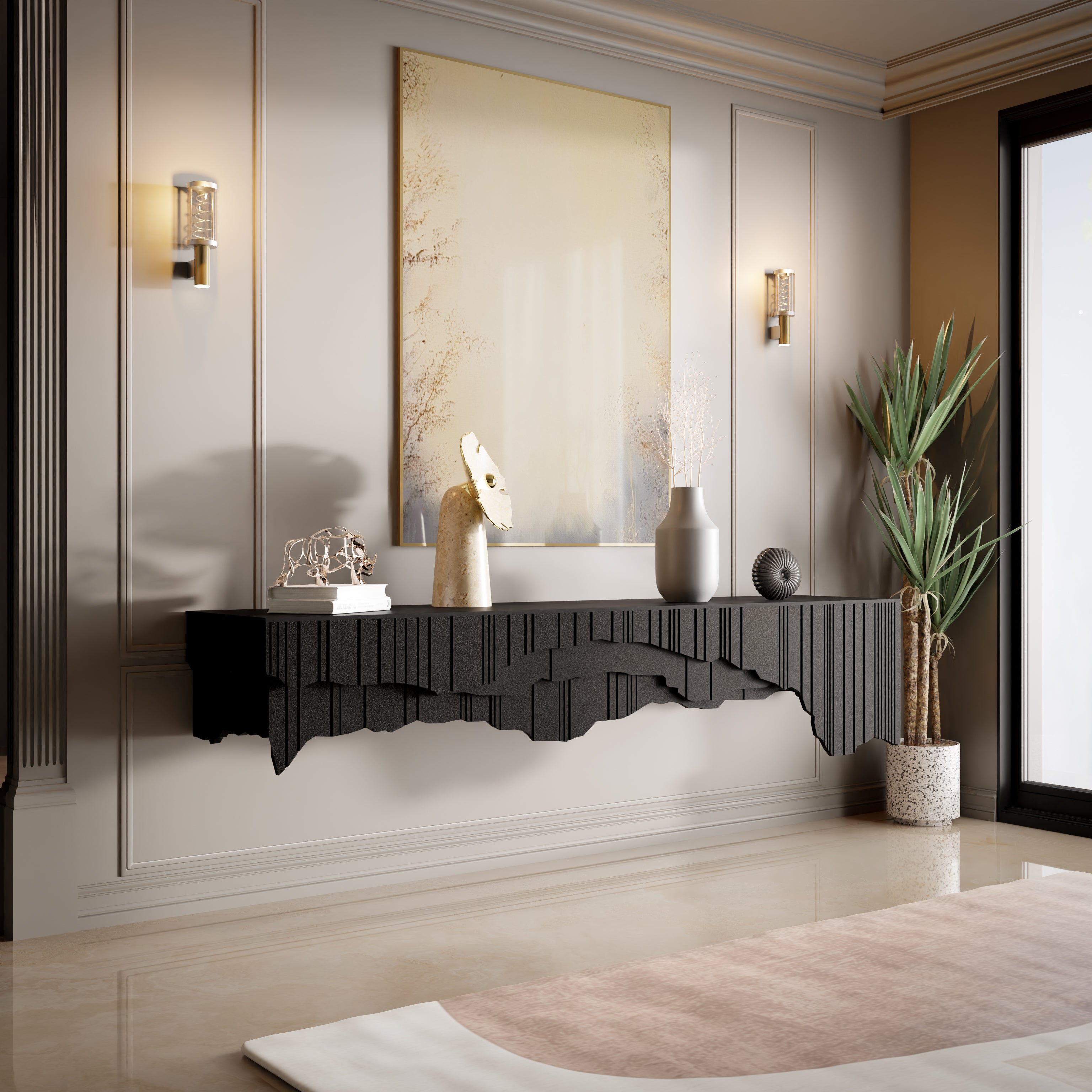 Gideon Console - L:48’’ x B:14.5’’ x H:26’’ In Inches / Krayon A-104 Dark Grey Acrylic Solid Surface Mounting;