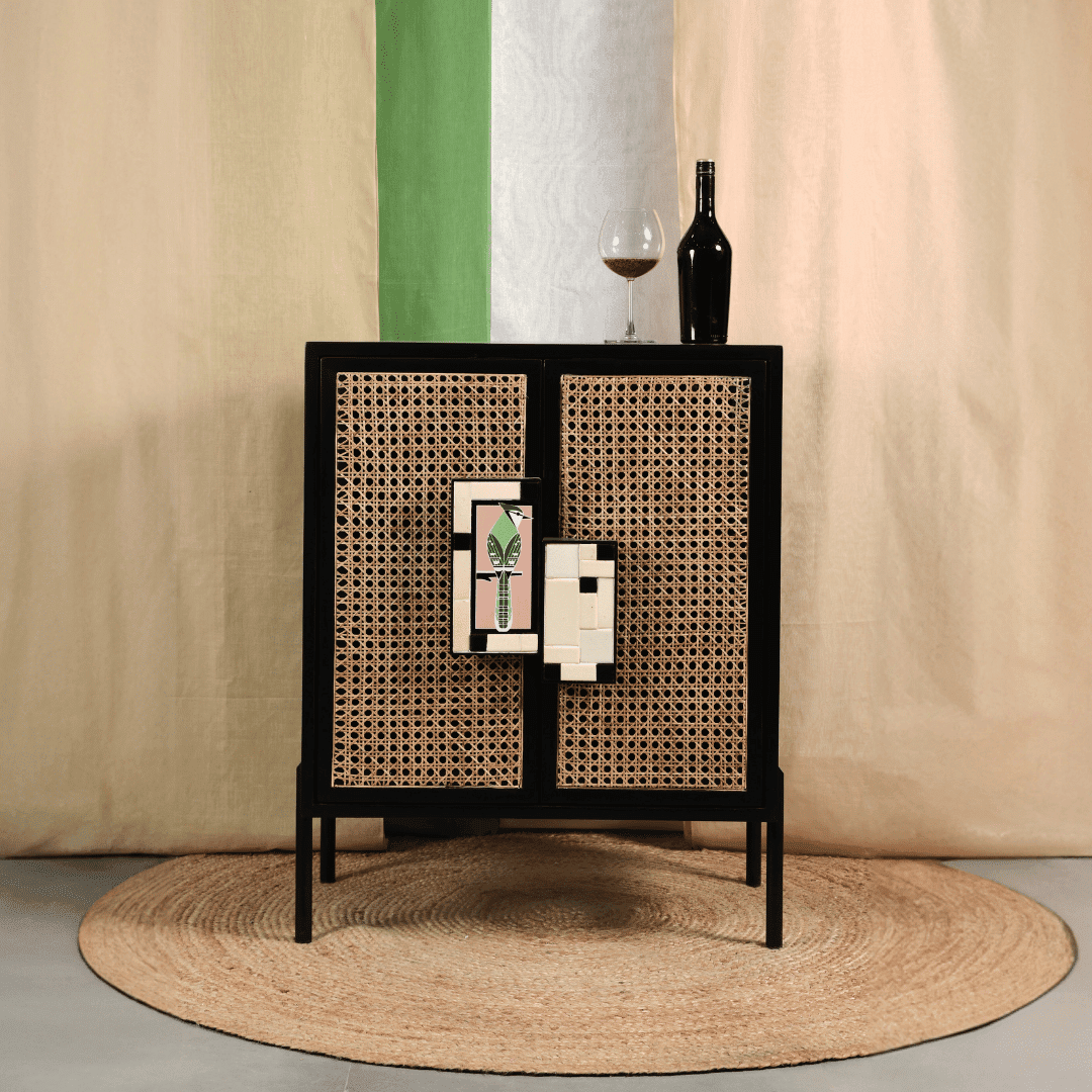 Gobleto Cane Bar Cabinet - Black / Cabinet Frame: Plywood; Handle: Teak wood and handmade ceramic tile; Legs: Metal