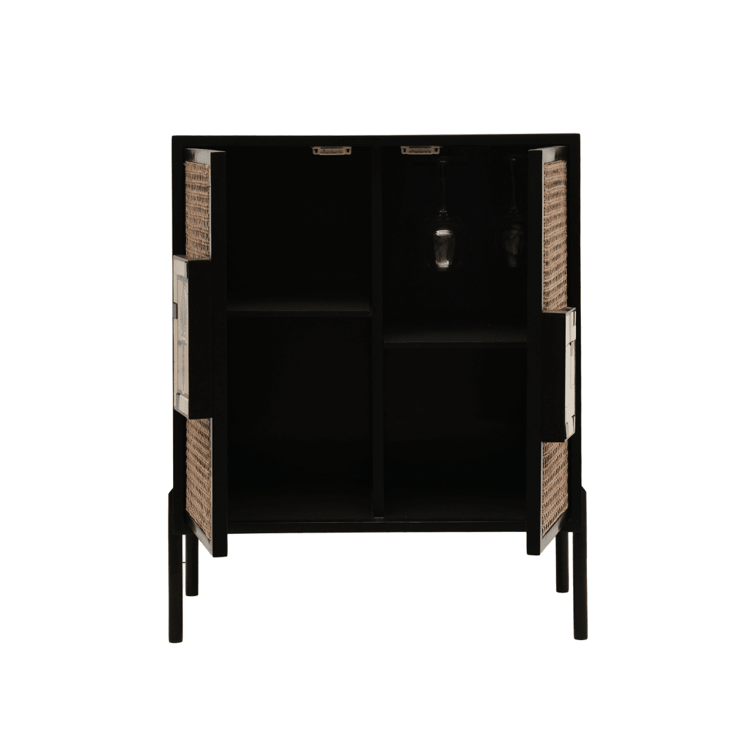 Gobleto Cane Bar Cabinet - Black / Cabinet Frame: Plywood; Handle: Teak wood and handmade ceramic tile; Legs: Metal