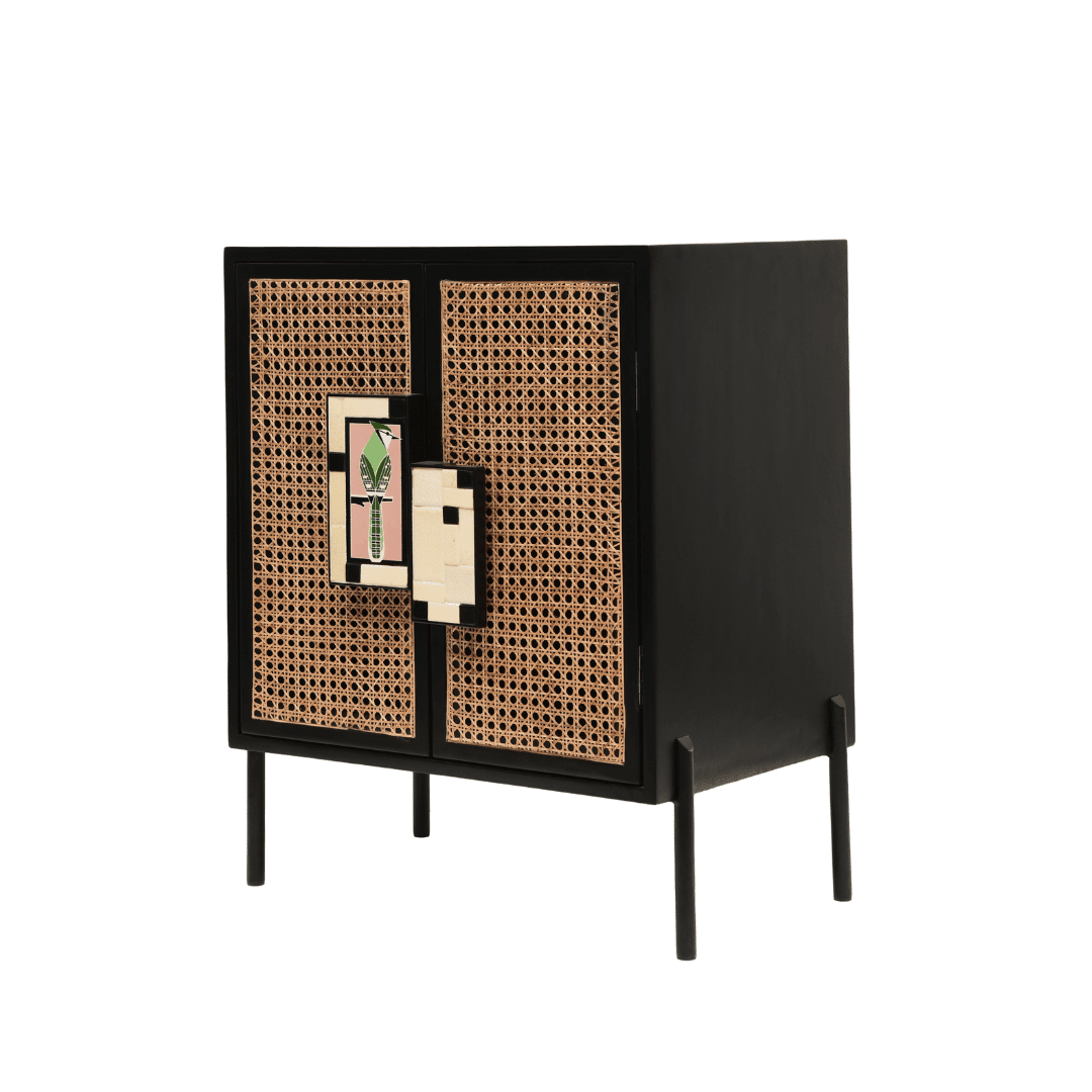 Gobleto Cane Bar Cabinet - Black / Cabinet Frame: Plywood; Handle: Teak wood and handmade ceramic tile; Legs: Metal