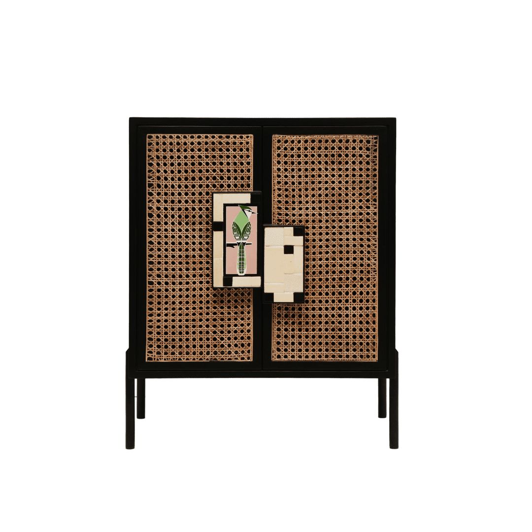 Gobleto Cane Bar Cabinet - Black / Cabinet Frame: Plywood; Handle: Teak wood and handmade ceramic tile; Legs: Metal
