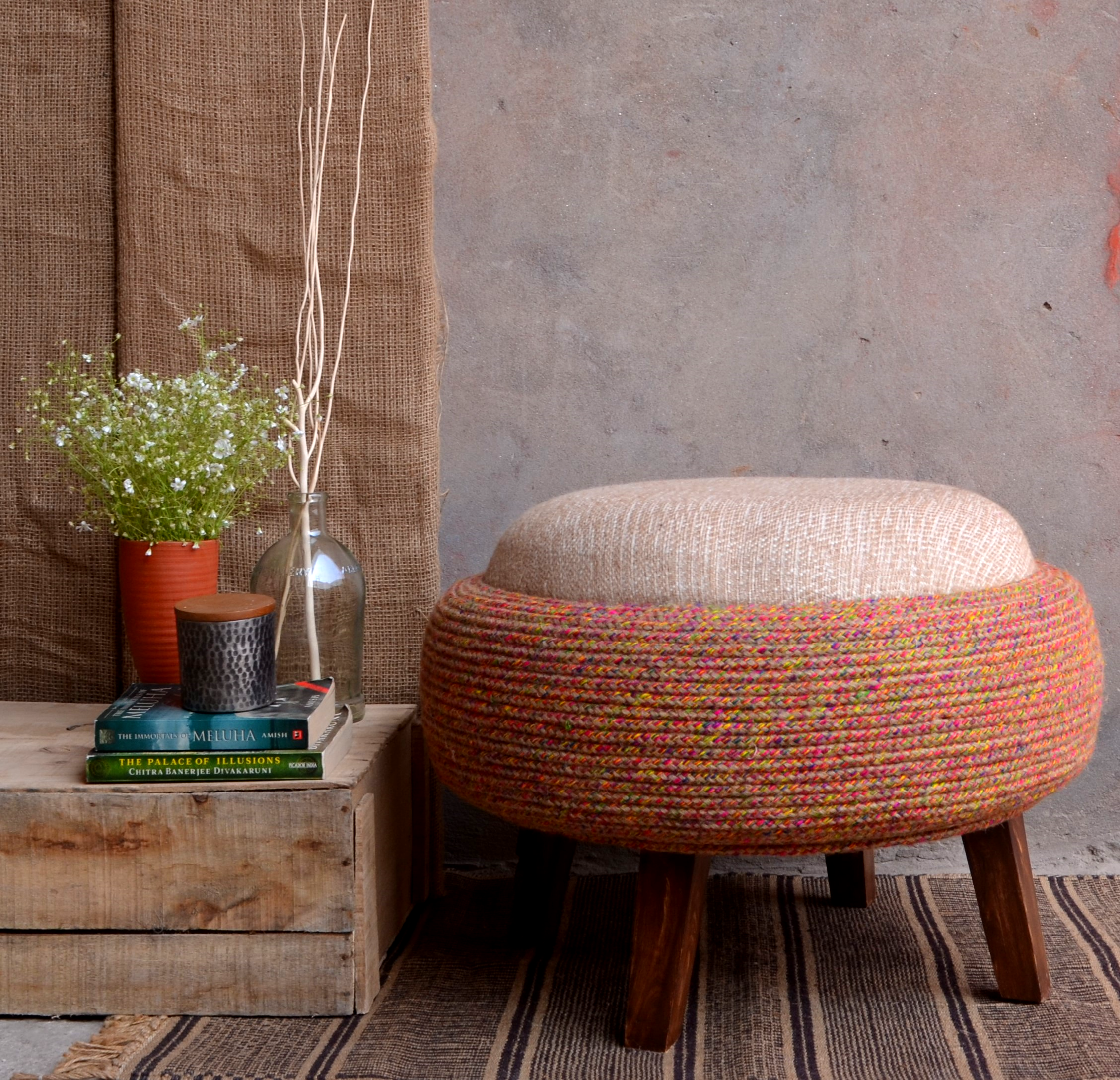 Gypsy Song Ottoman - Multi / Old tyre, teak wood, rope, and fabric / Dia: 23’’ H: 17.5’’ - Furniture