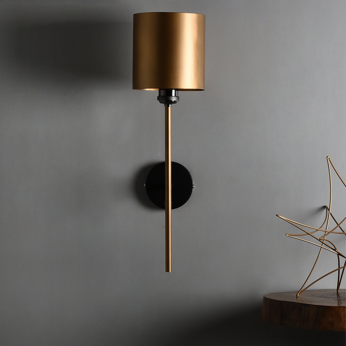 Hand Carved Metal Wall Lamp - Gold (Shade & Pipe) / Black (Holder) / Length - 6 inches, Breadth - 6 inches, Height - 22