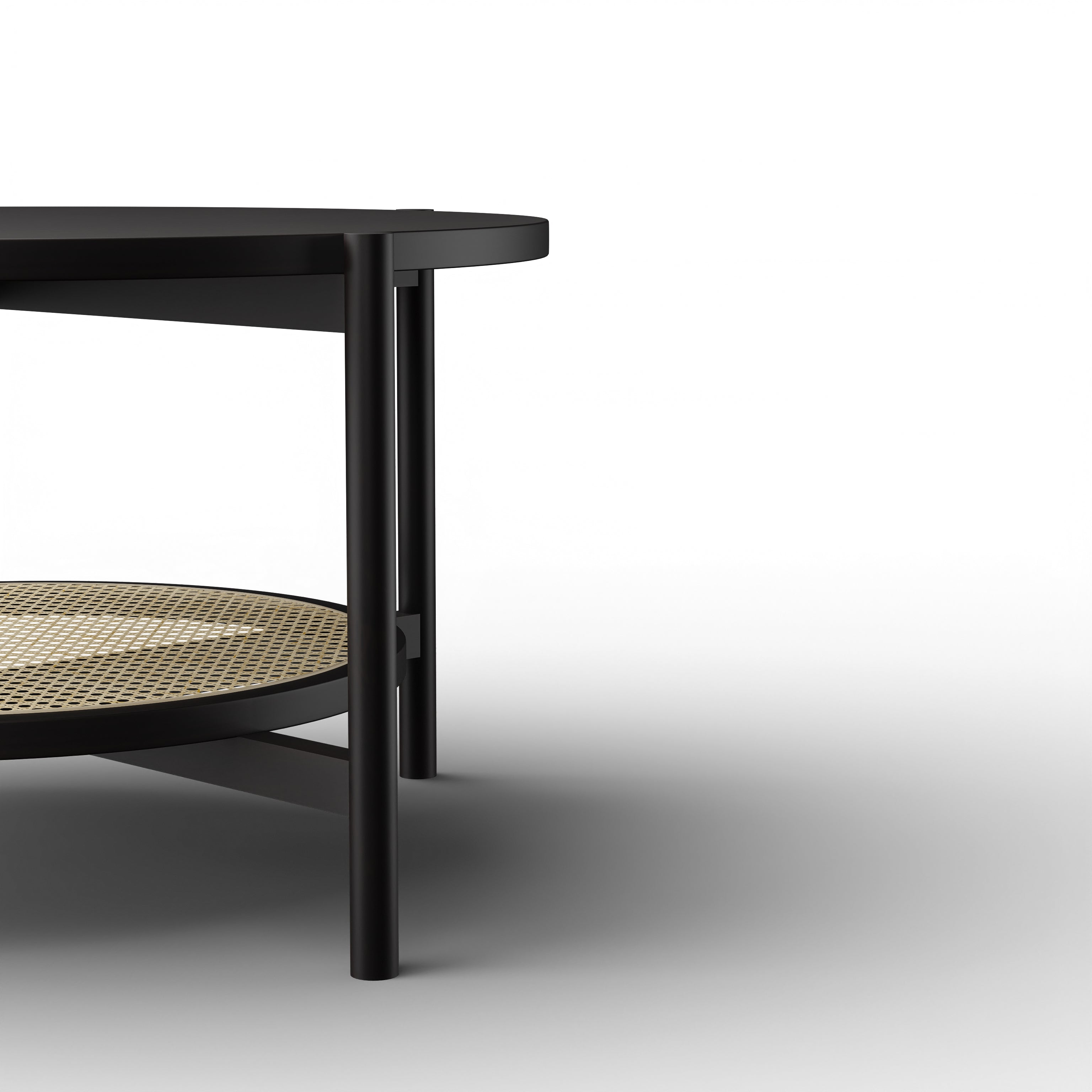 Harbour Coffee Table - L:32’’ x B:32’’ x H:18’’ In Inches / Black Matt Sheesham Top; Clear Rattan Hand-woven Shelf;