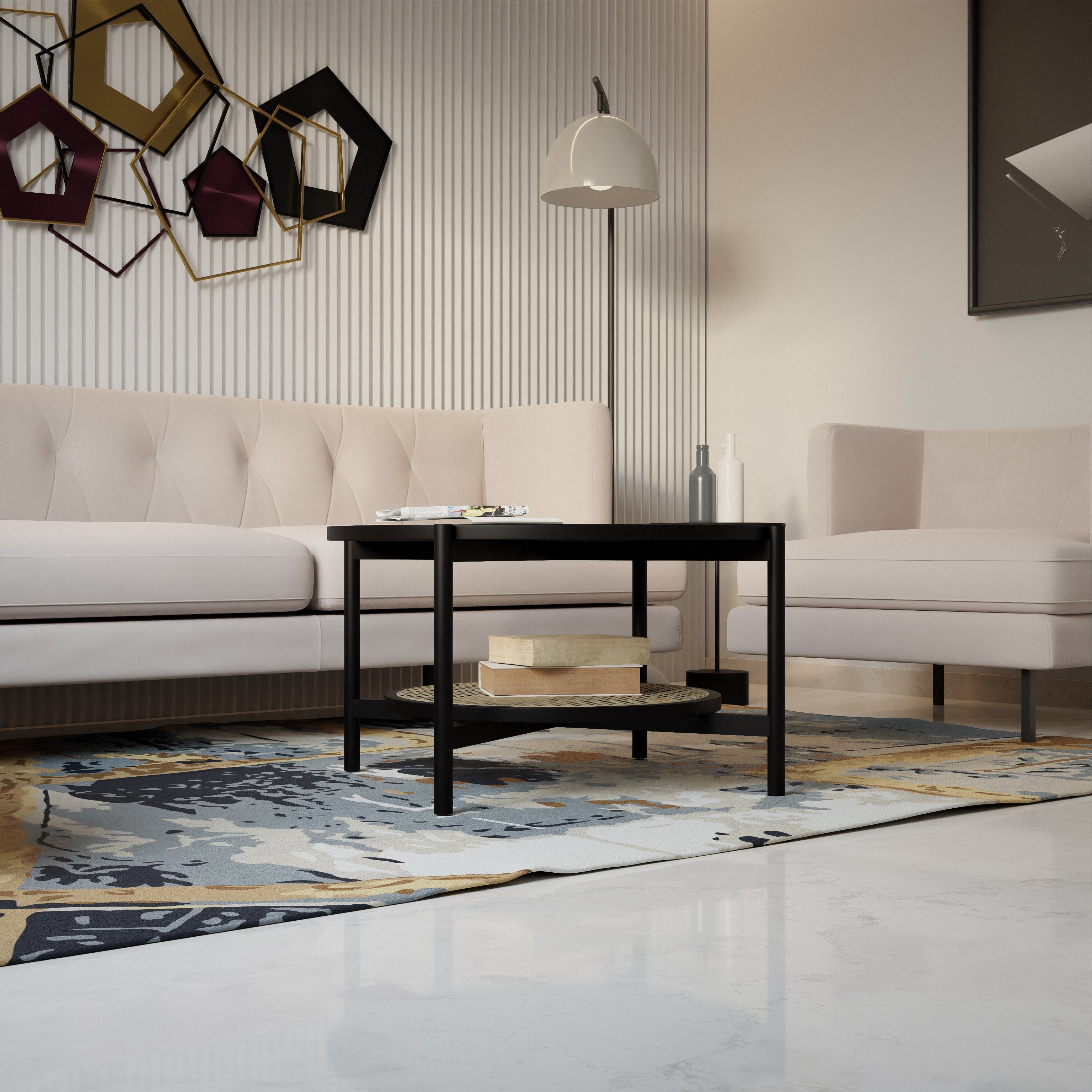 Harbour Coffee Table - L:32’’ x B:32’’ x H:18’’ In Inches / Black Matt Sheesham Top; Clear Rattan Hand-woven Shelf;