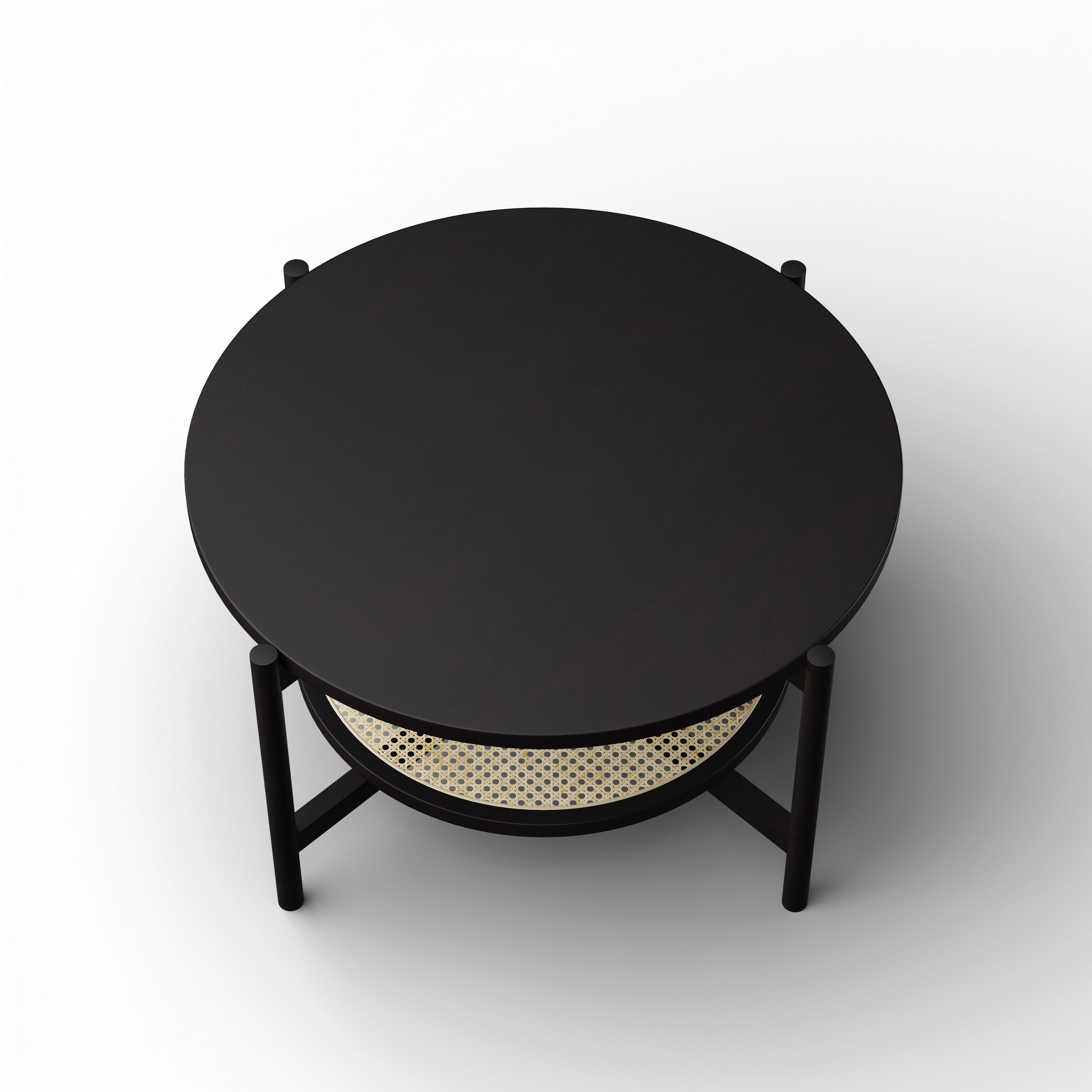 Harbour Coffee Table - L:32’’ x B:32’’ x H:18’’ In Inches / Black Matt Sheesham Top; Clear Rattan Hand-woven Shelf;