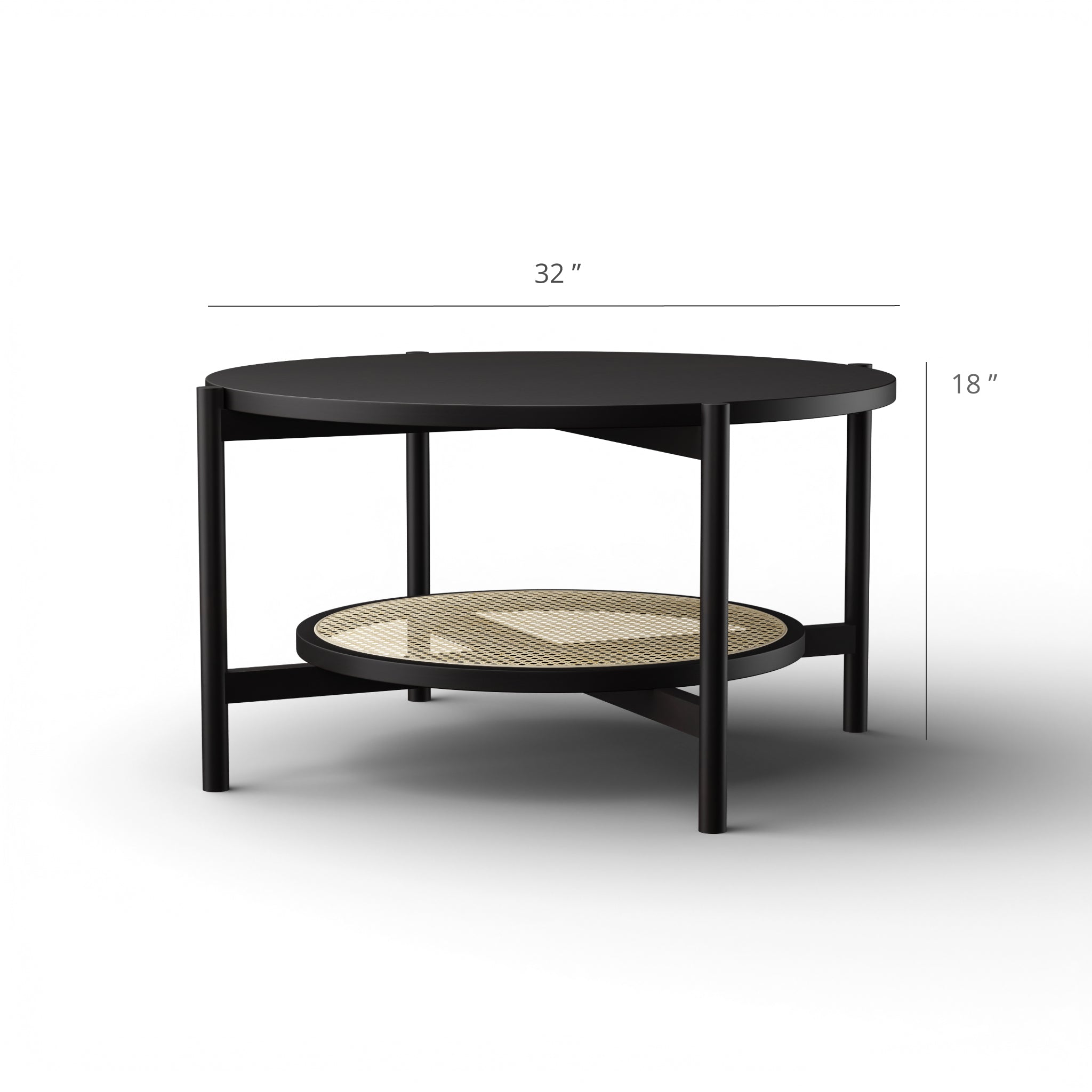 Harbour Coffee Table - L:32’’ x B:32’’ x H:18’’ In Inches / Black Matt Sheesham Top; Clear Rattan Hand-woven Shelf;