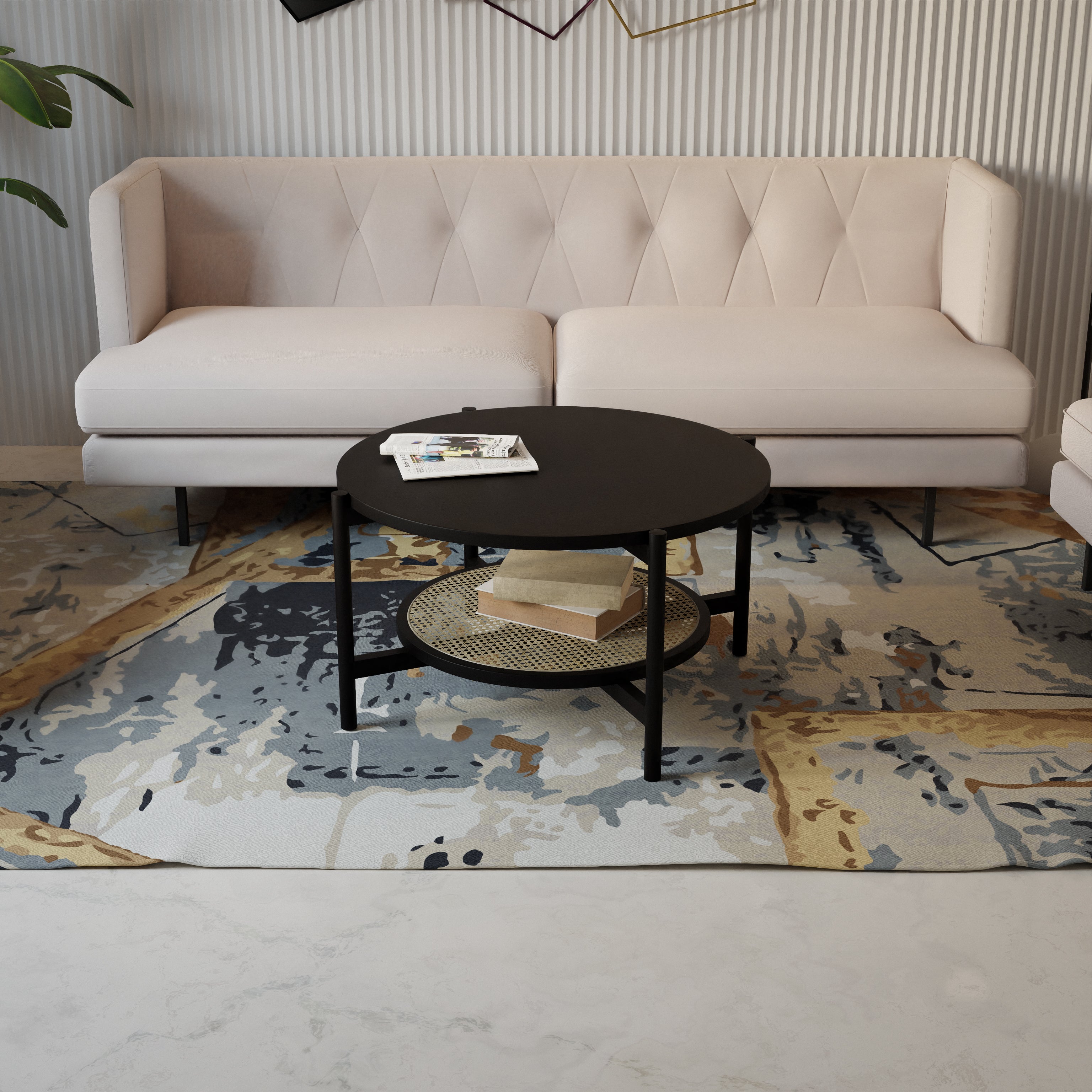 Harbour Coffee Table - L:32’’ x B:32’’ x H:18’’ In Inches / Black Matt Sheesham Top; Clear Rattan Hand-woven Shelf;