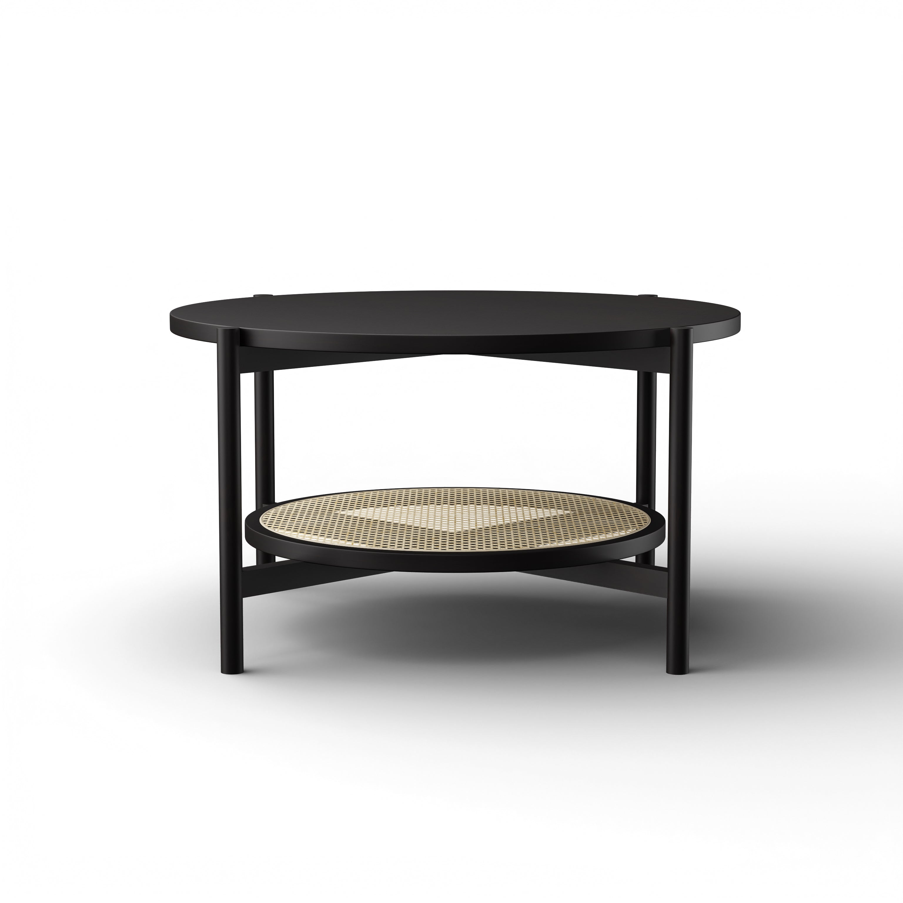 Harbour Coffee Table - L:32’’ x B:32’’ x H:18’’ In Inches / Black Matt Sheesham Top; Clear Rattan Hand-woven Shelf;