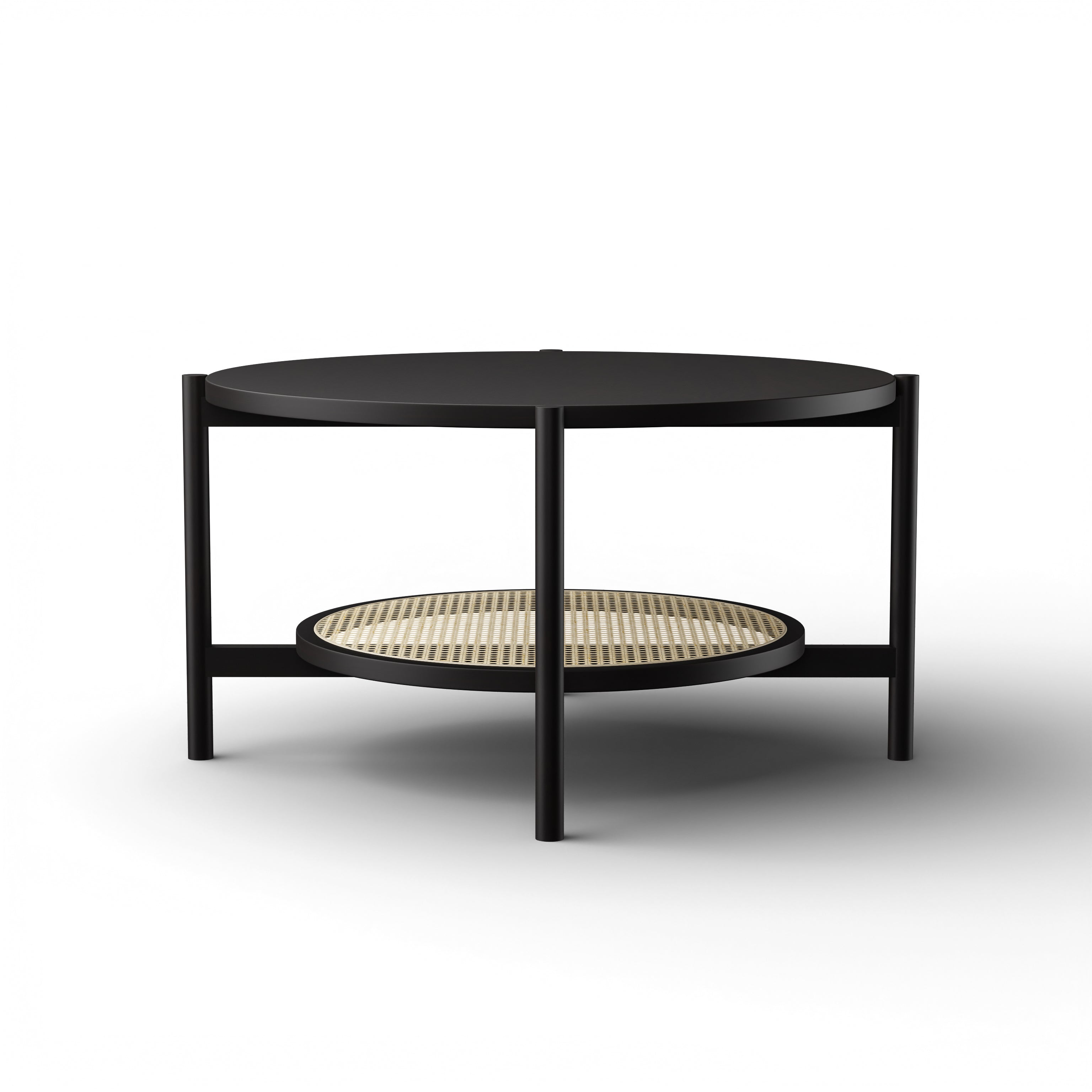 Harbour Coffee Table - L:32’’ x B:32’’ x H:18’’ In Inches / Black Matt Sheesham Top; Clear Rattan Hand-woven Shelf;